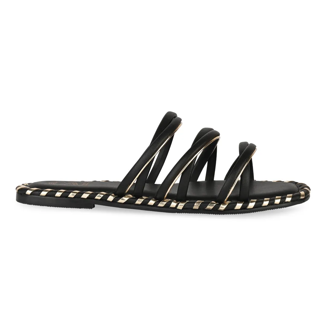 Multistrapped Black and Gold Flats