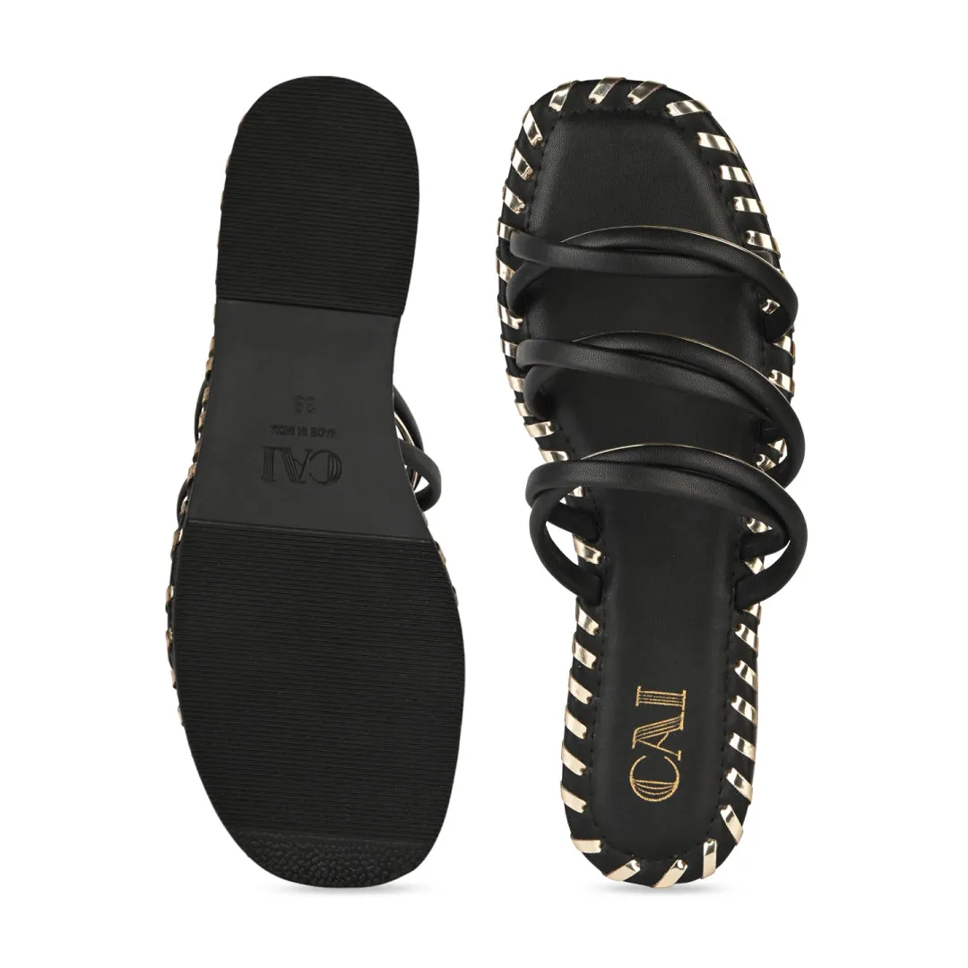Multistrapped Black and Gold Flats