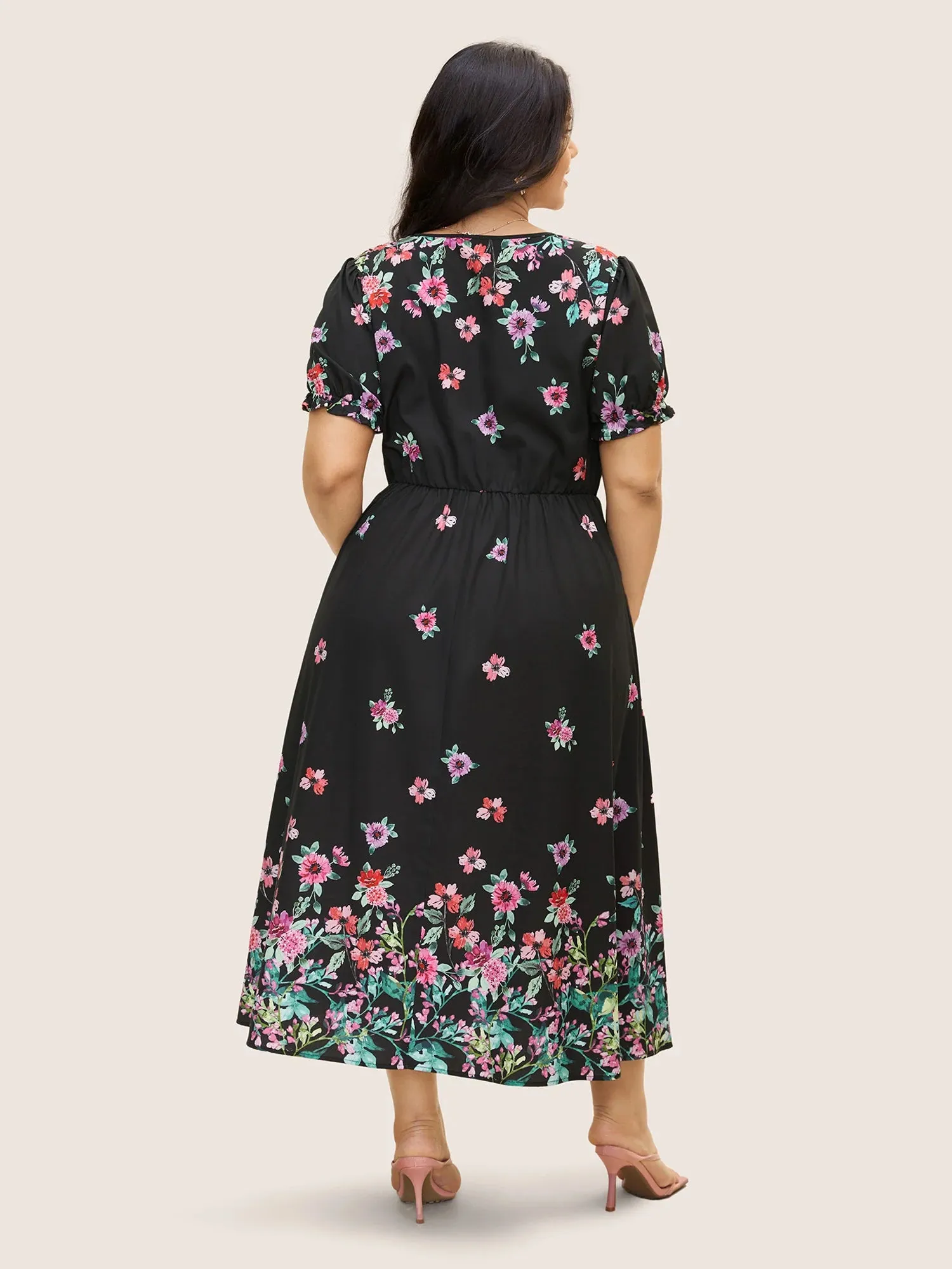 NEW Bloomchic Boho Print V Neck Elastic Waist Dress Black Sz 10