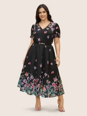 NEW Bloomchic Boho Print V Neck Elastic Waist Dress Black Sz 10