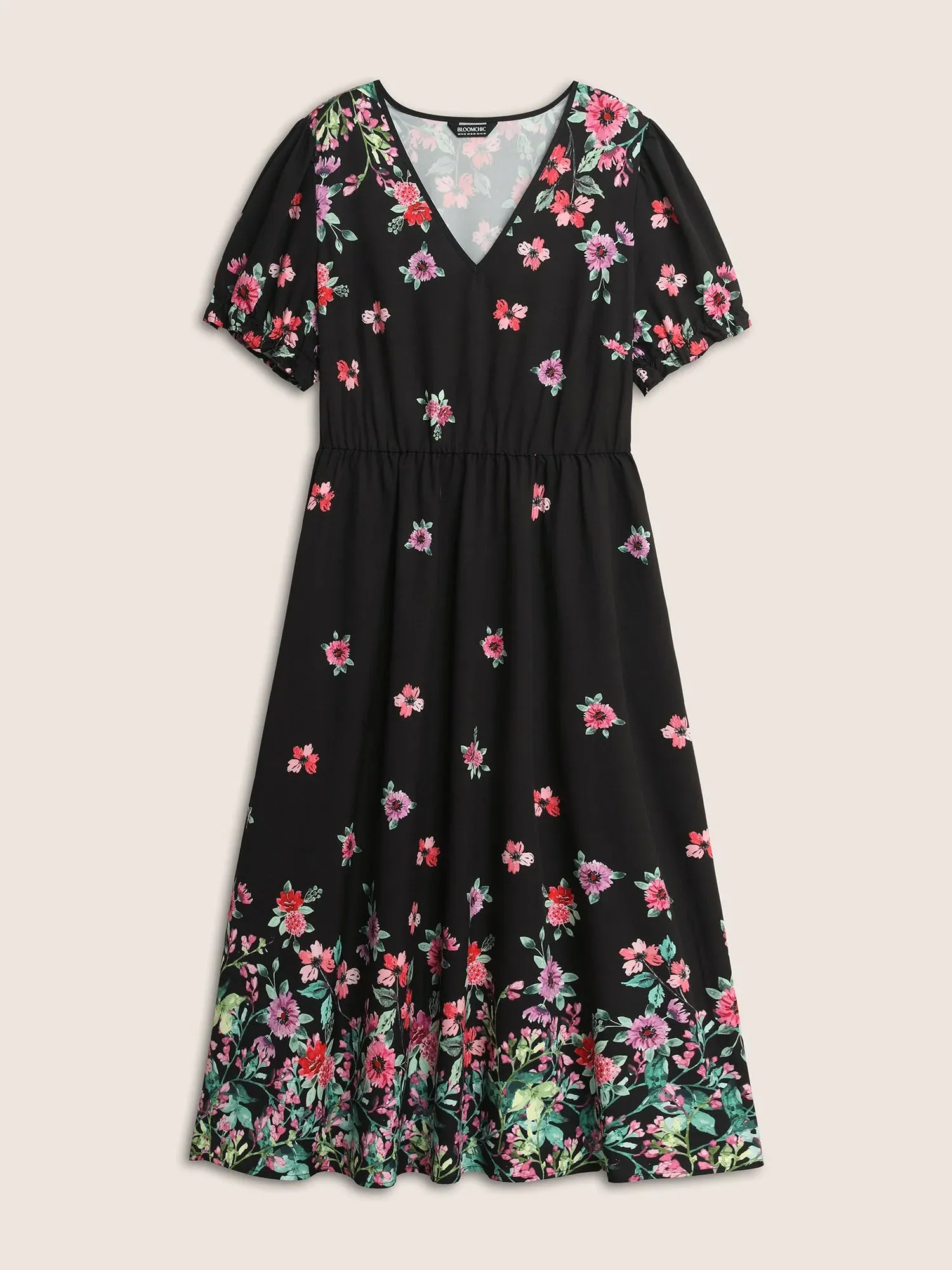 NEW Bloomchic Boho Print V Neck Elastic Waist Dress Black Sz 10