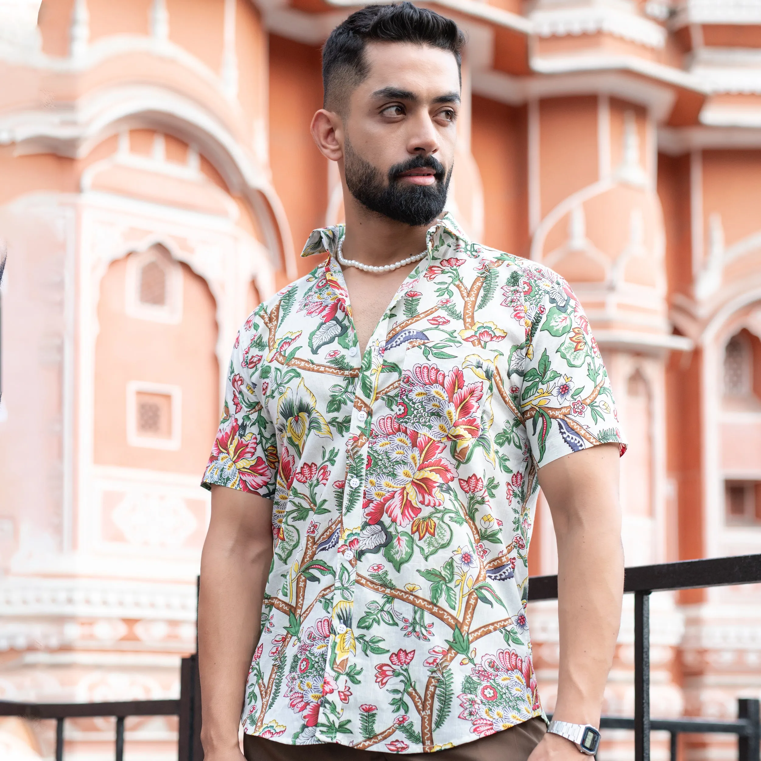 Off White Floral Half Sleeve Printed shirt