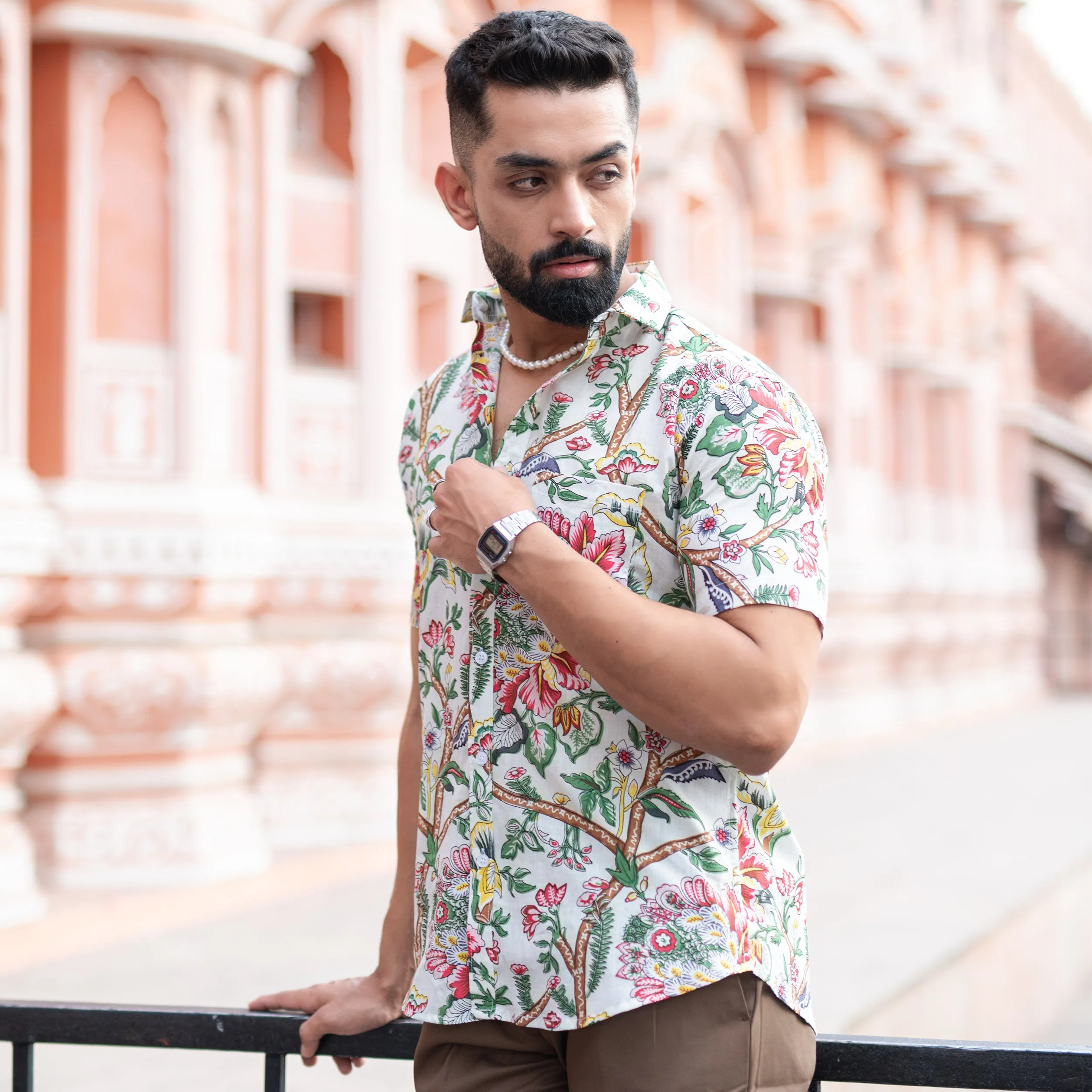 Off White Floral Half Sleeve Printed shirt