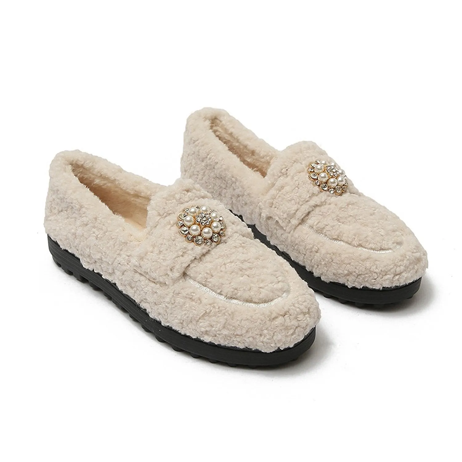 Pearl-Embellished Elegant Fuzzy Flat Loafers