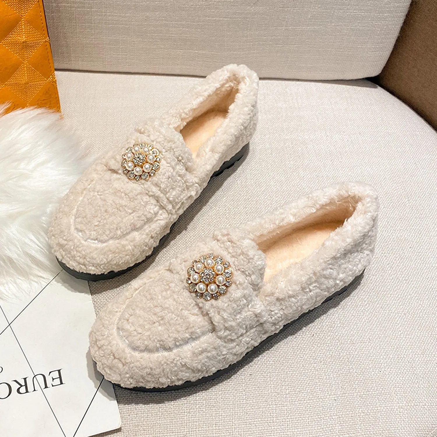 Pearl-Embellished Elegant Fuzzy Flat Loafers