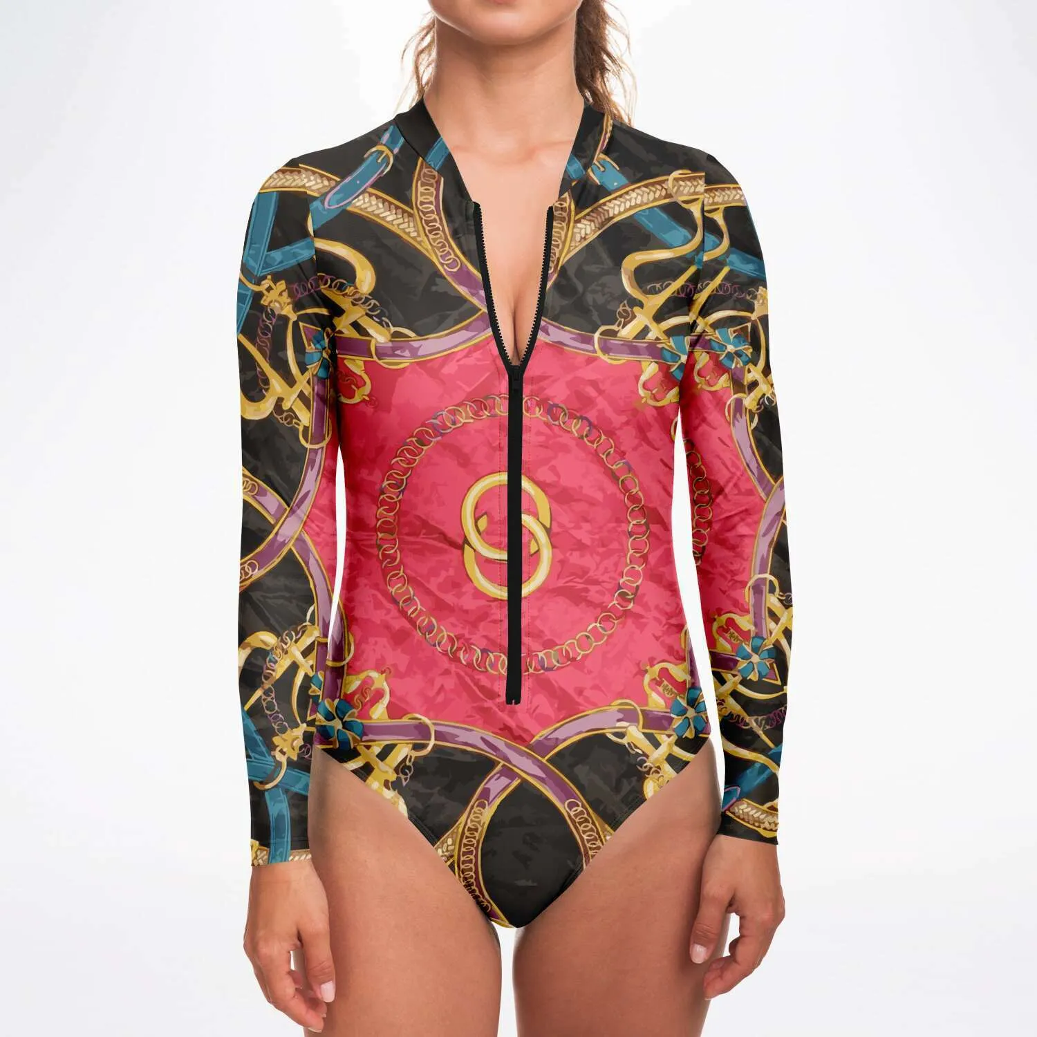 Pink Equestrian Scarf Print Body Suit
