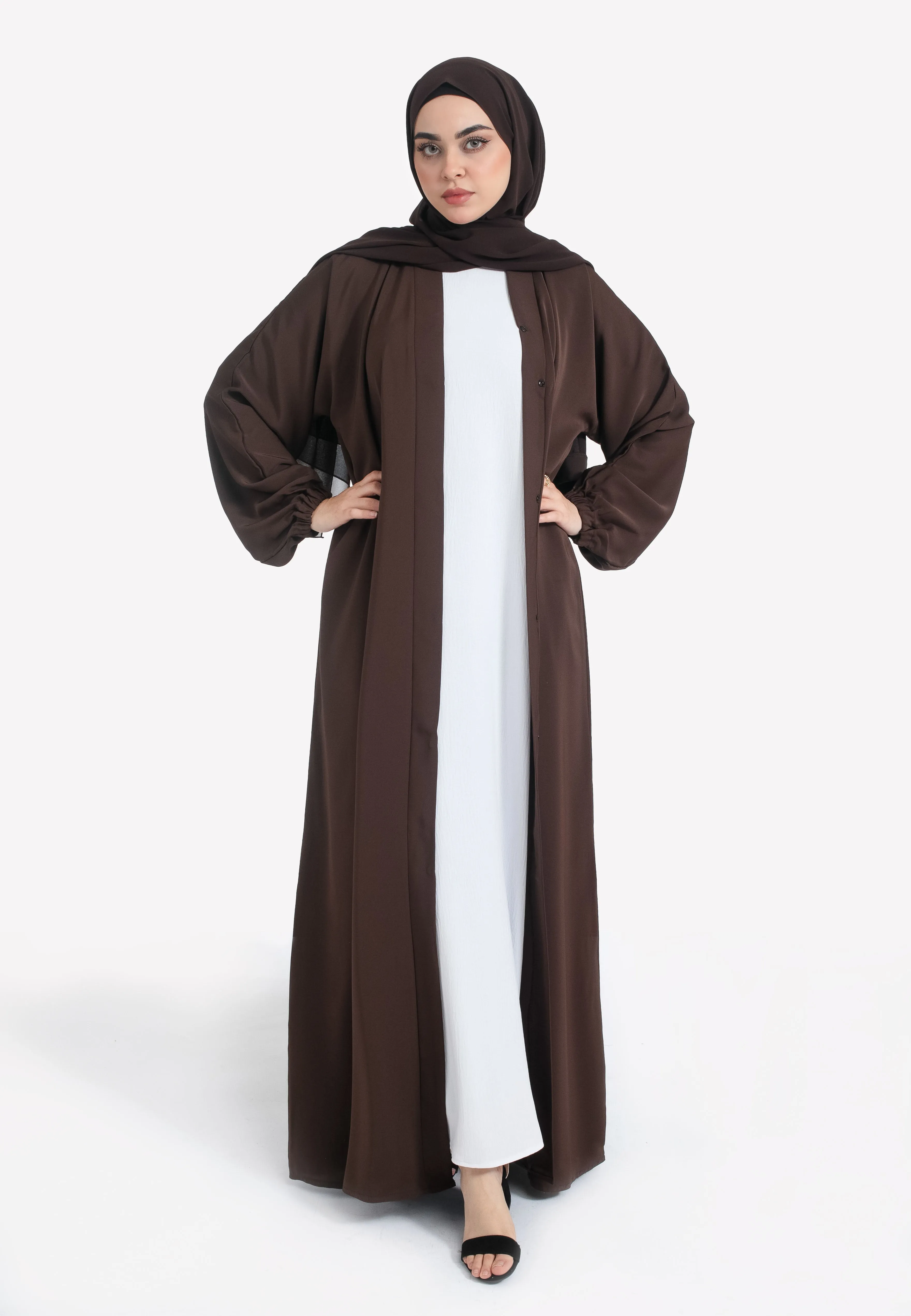 Plain Brown Open Abaya With Elasticated Cuff Sleeves