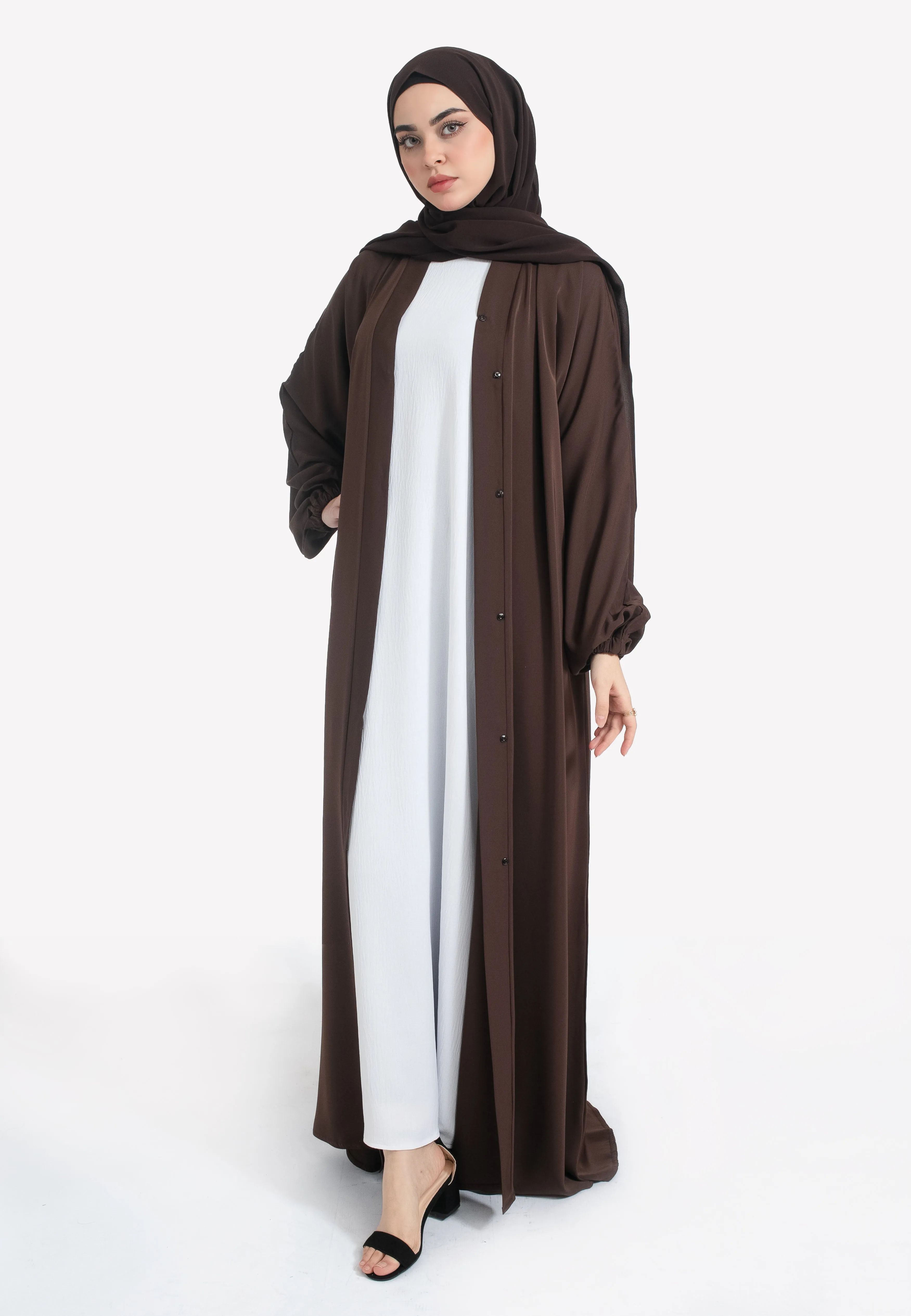 Plain Brown Open Abaya With Elasticated Cuff Sleeves