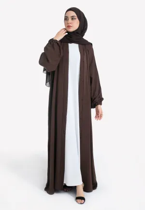 Plain Brown Open Abaya With Elasticated Cuff Sleeves