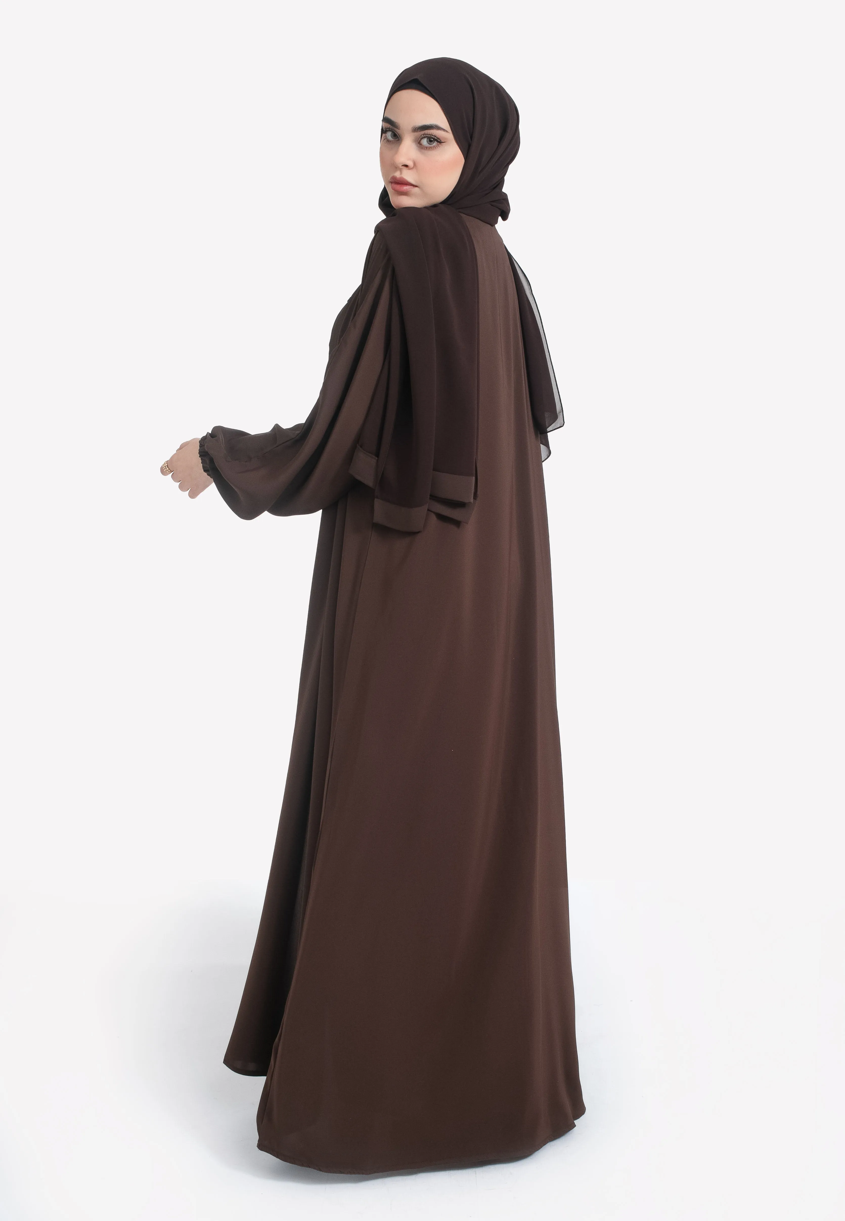 Plain Brown Open Abaya With Elasticated Cuff Sleeves