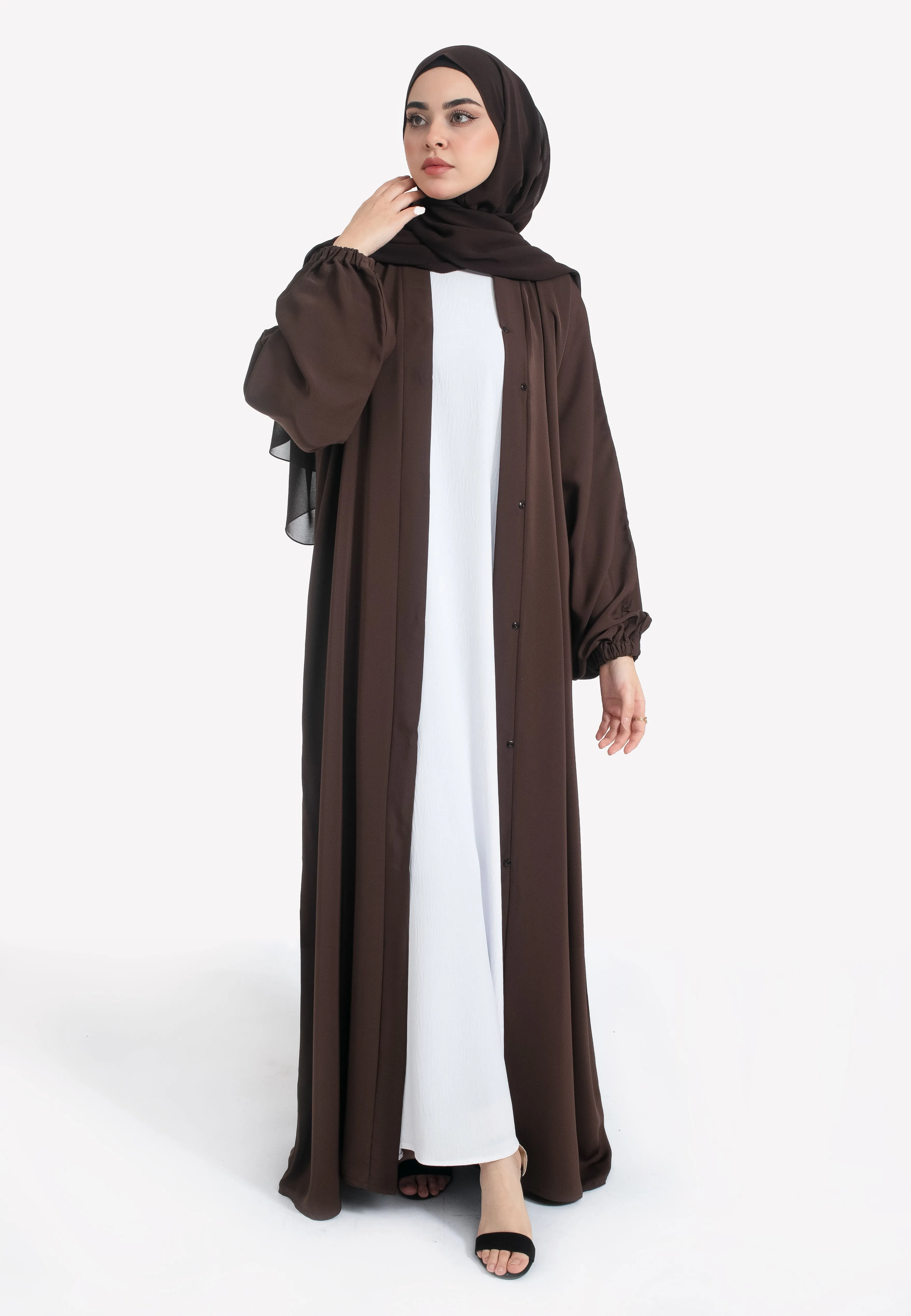 Plain Brown Open Abaya With Elasticated Cuff Sleeves