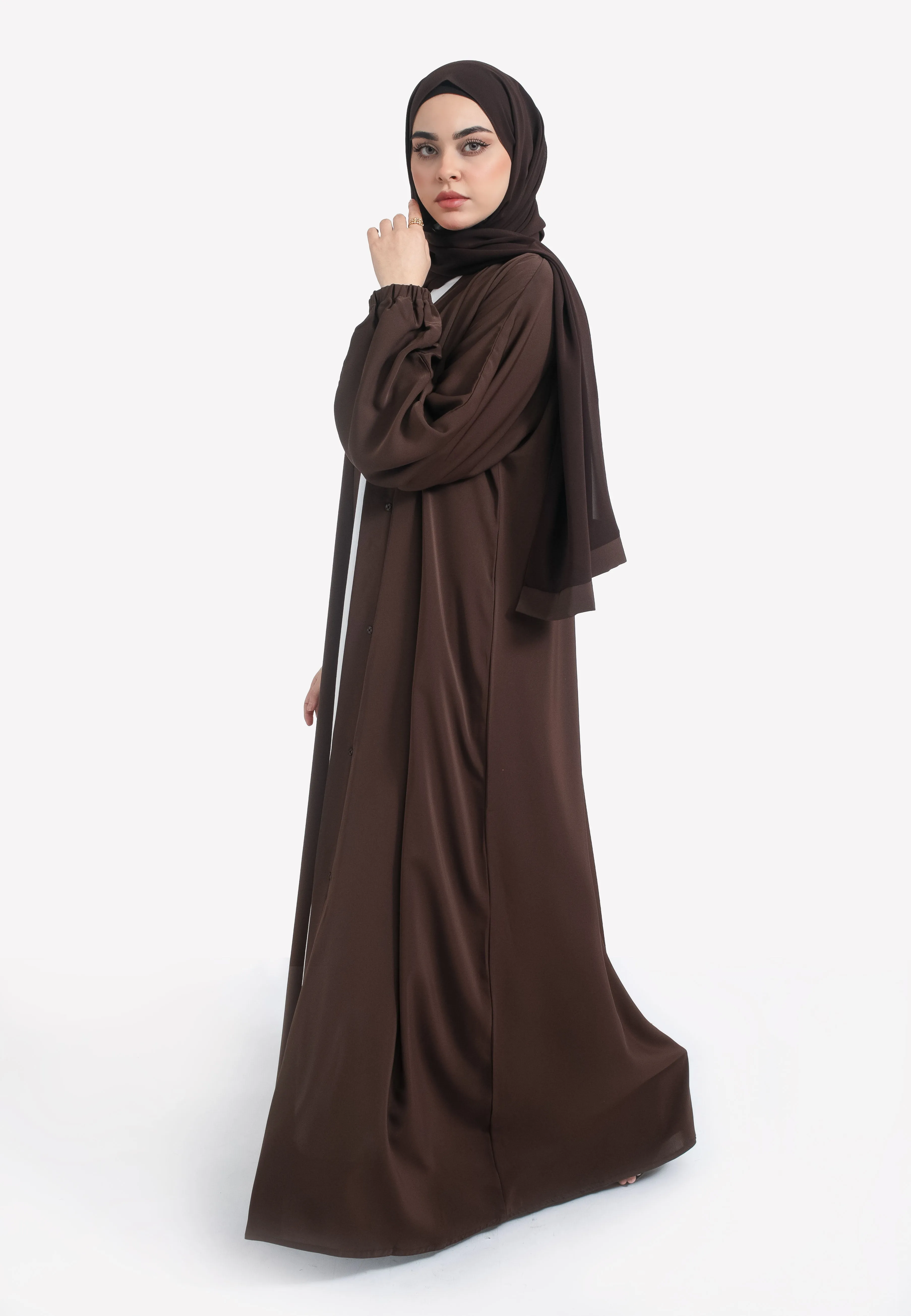 Plain Brown Open Abaya With Elasticated Cuff Sleeves