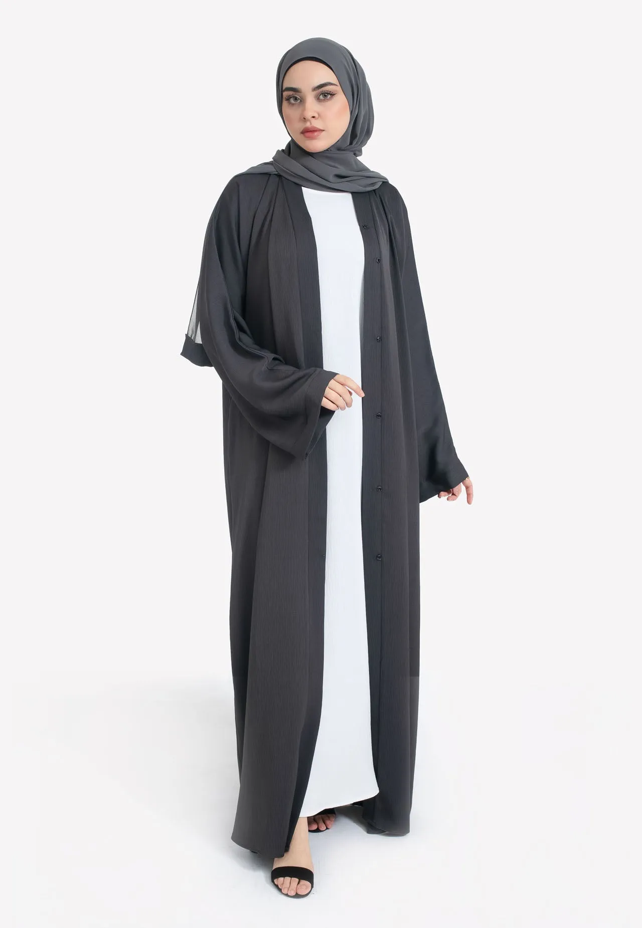 Plain Charcoal Grey Textured Open Abaya