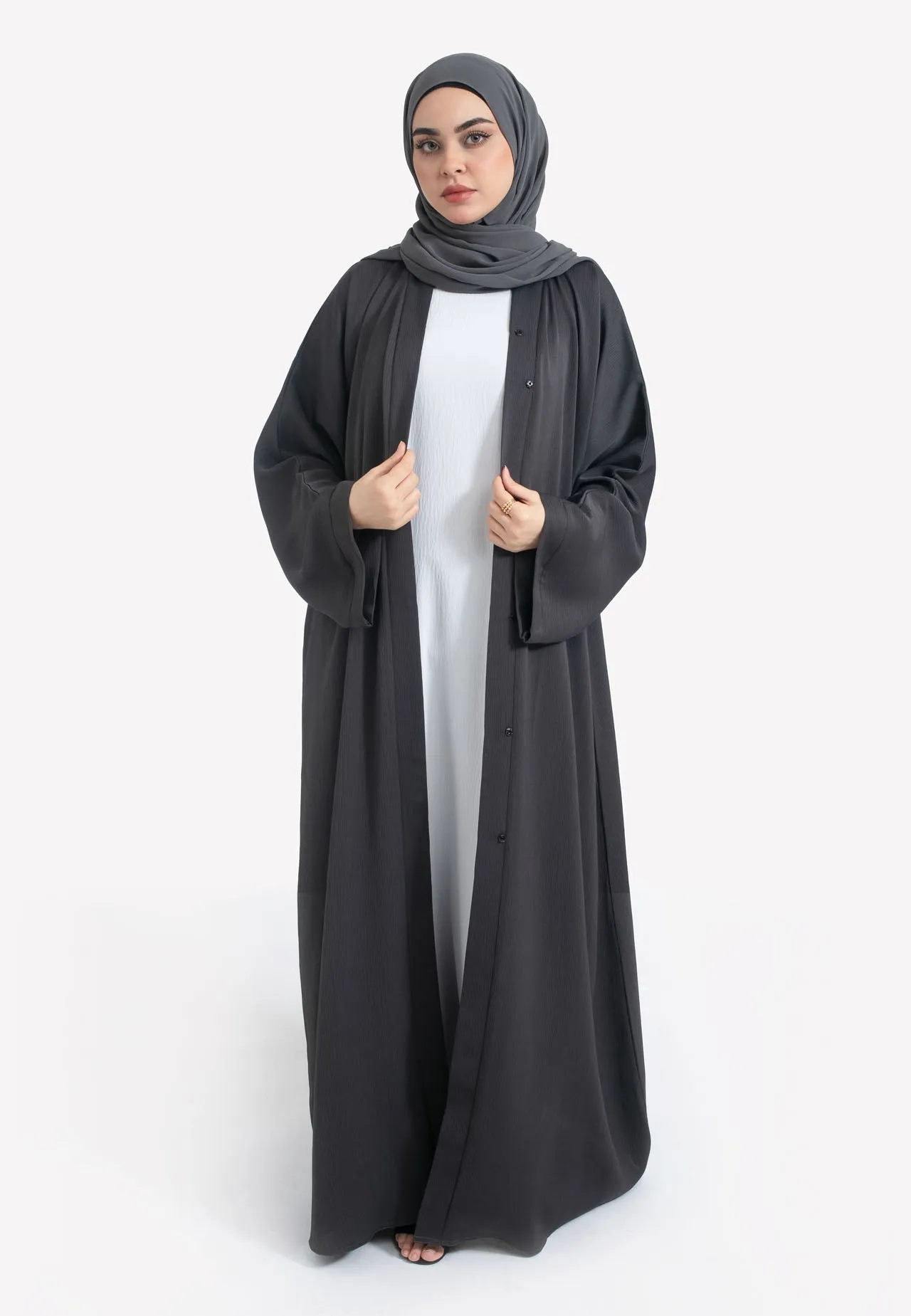 Plain Charcoal Grey Textured Open Abaya
