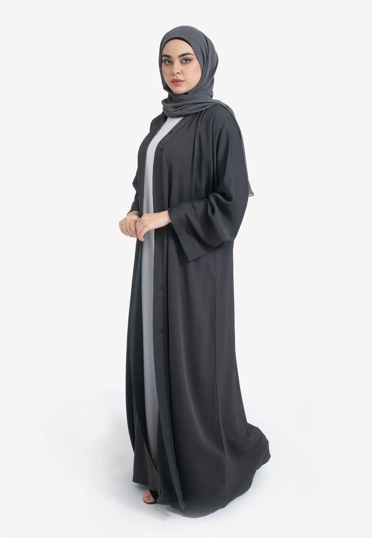 Plain Charcoal Grey Textured Open Abaya