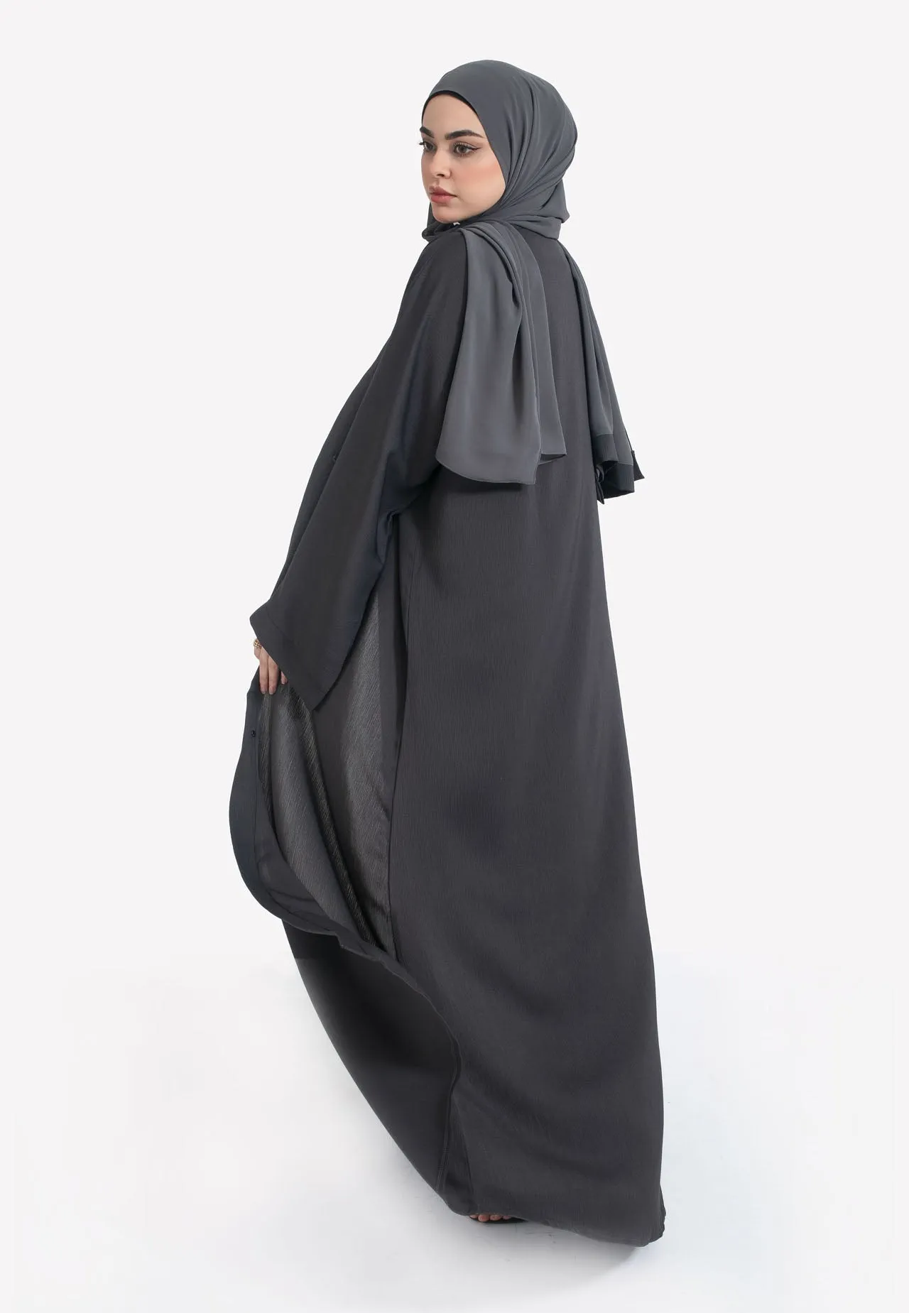 Plain Charcoal Grey Textured Open Abaya