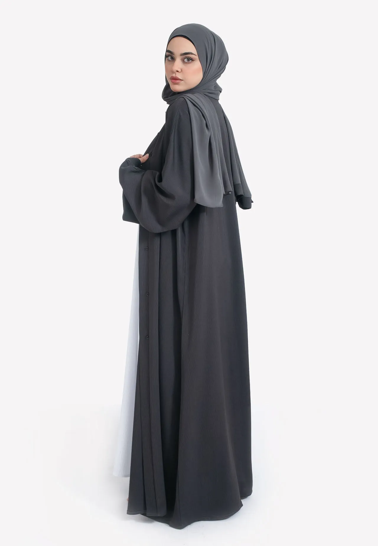 Plain Charcoal Grey Textured Open Abaya