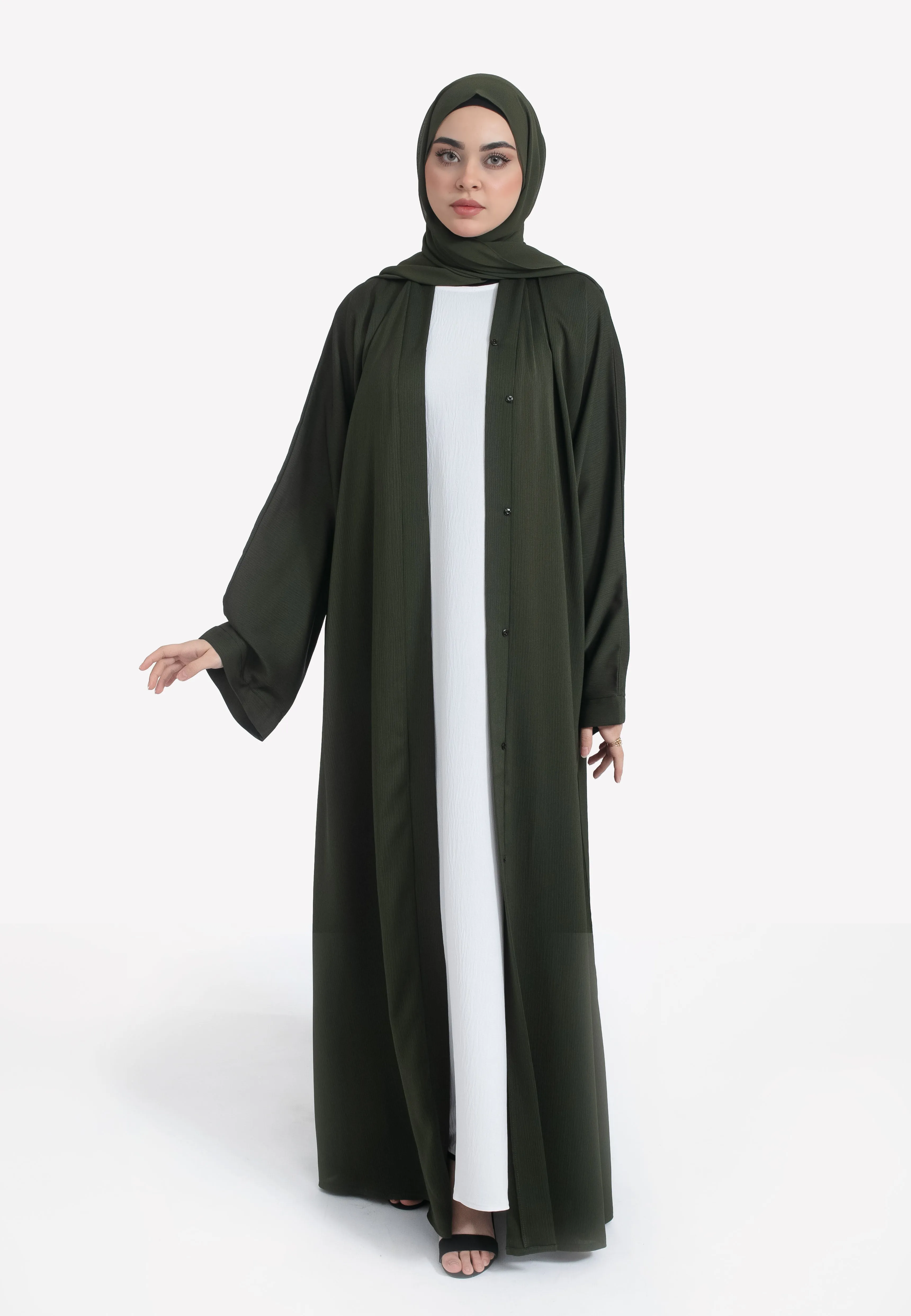Plain Olive Green Textured Open Abaya