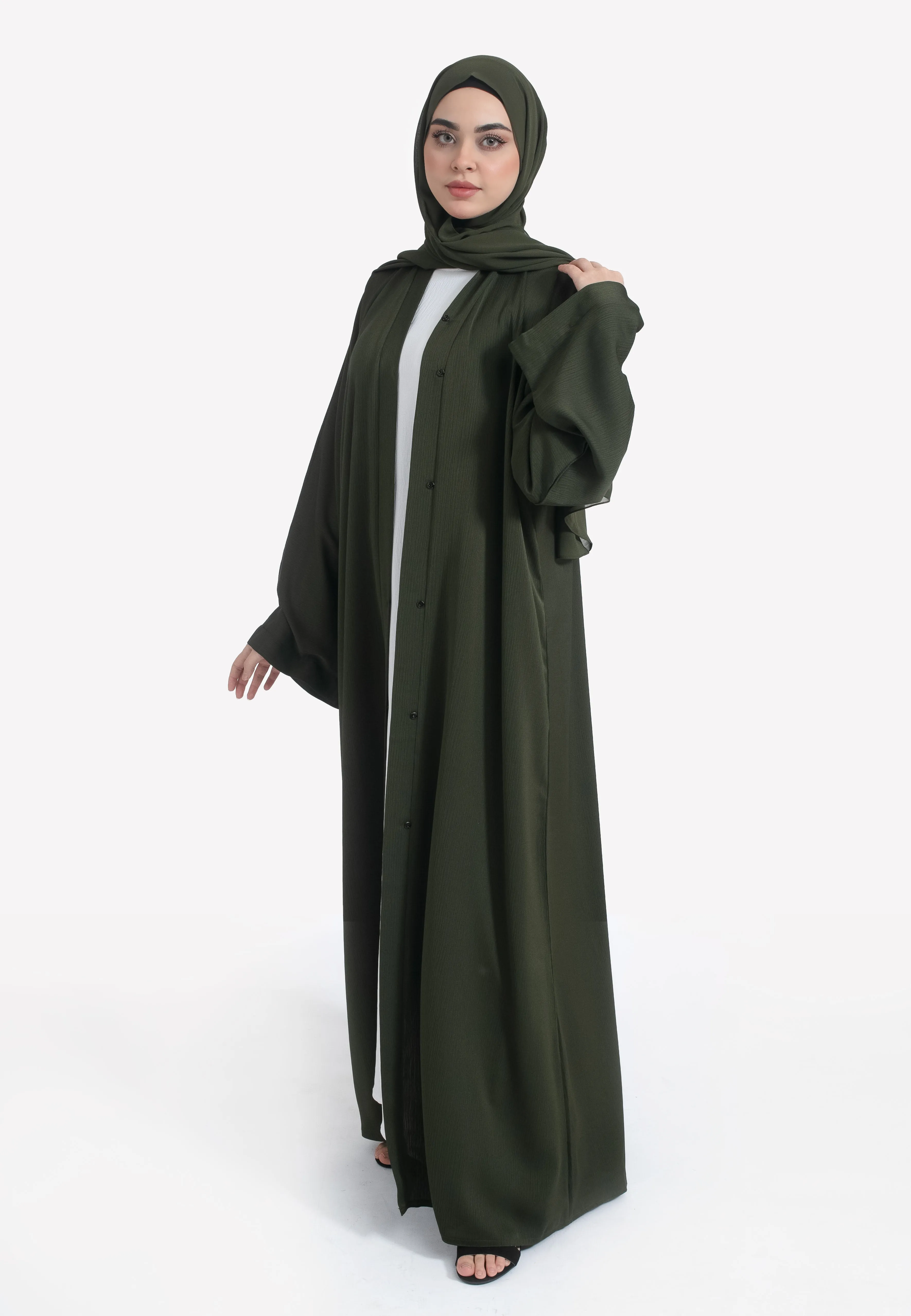 Plain Olive Green Textured Open Abaya
