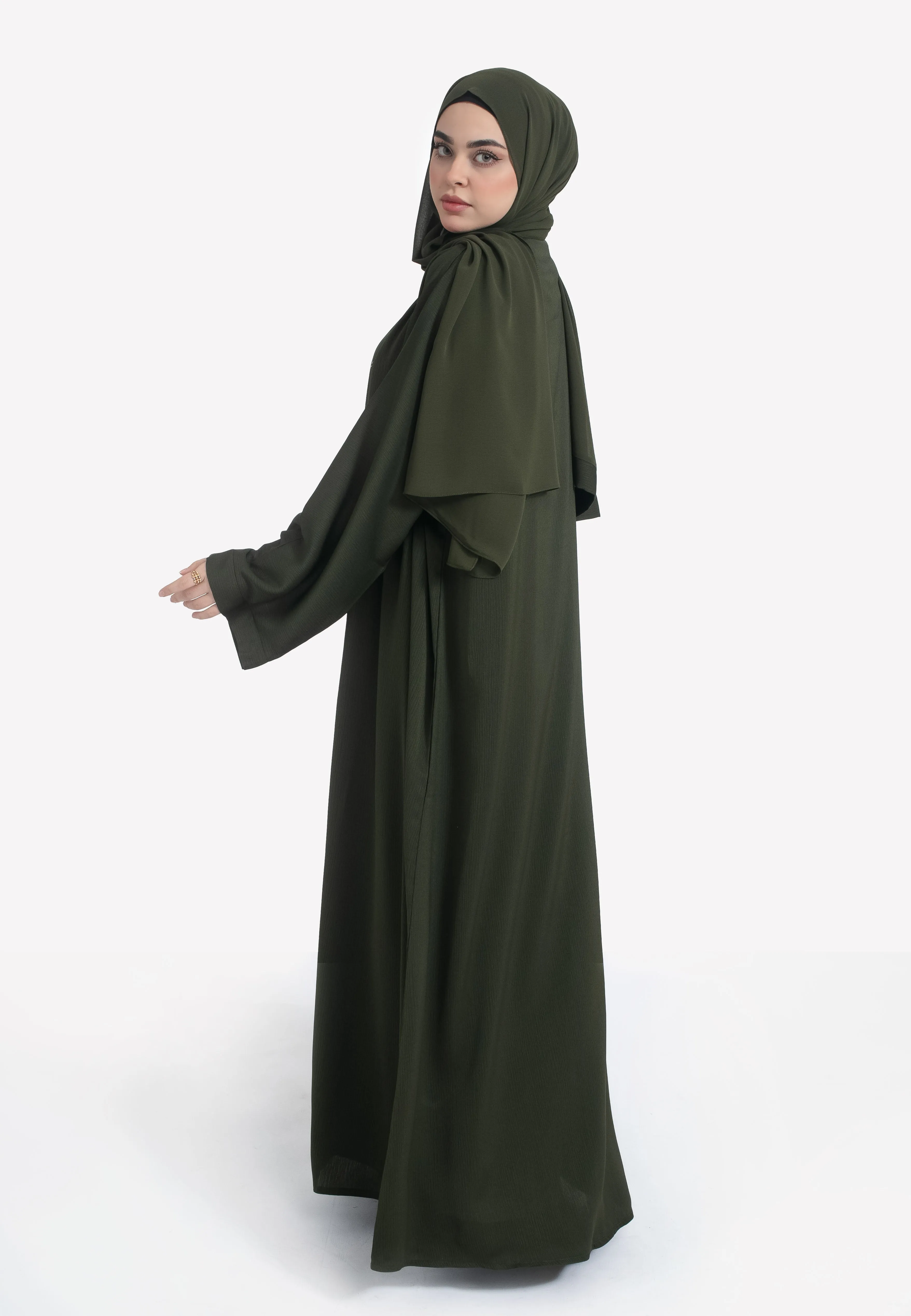 Plain Olive Green Textured Open Abaya