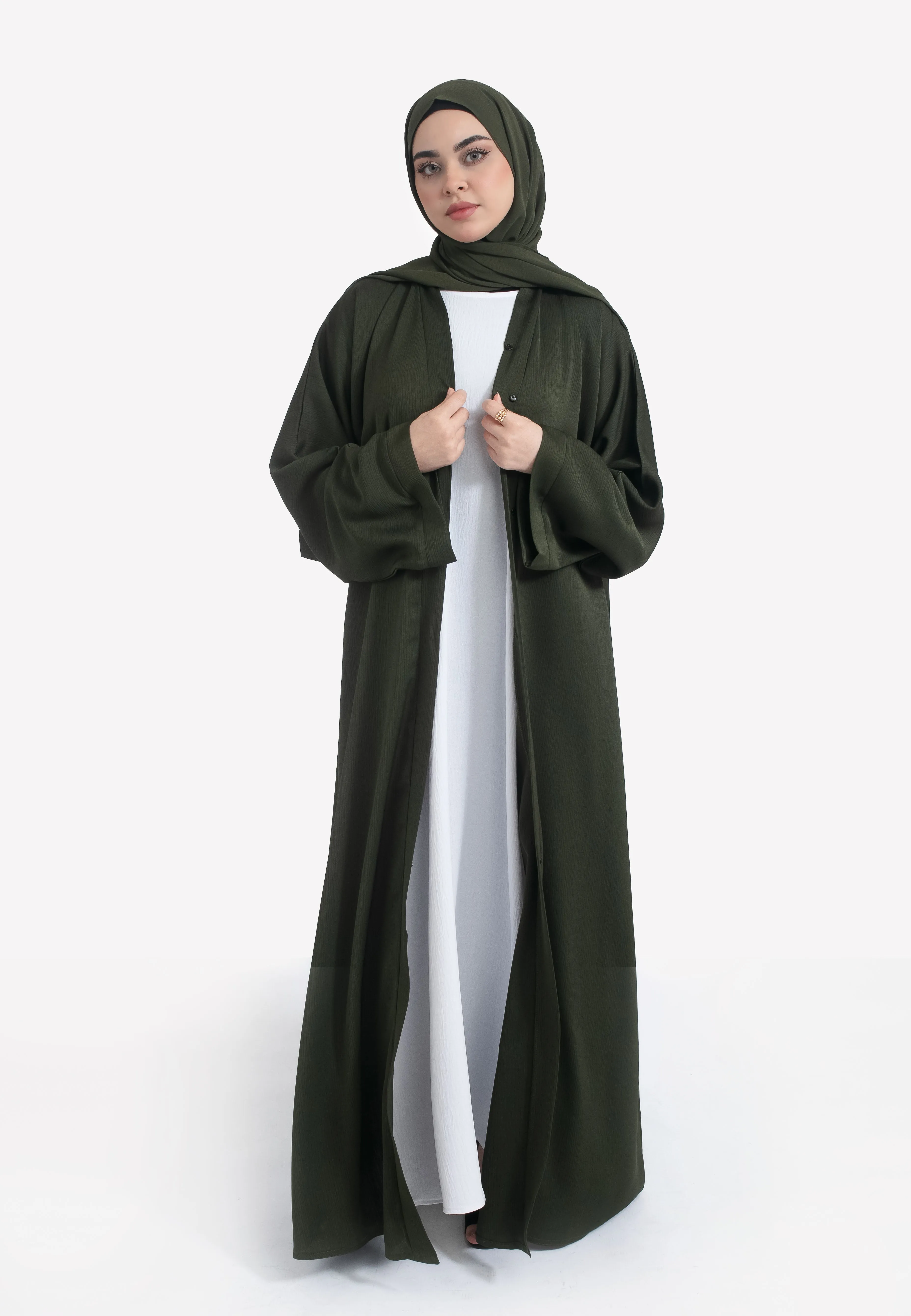 Plain Olive Green Textured Open Abaya