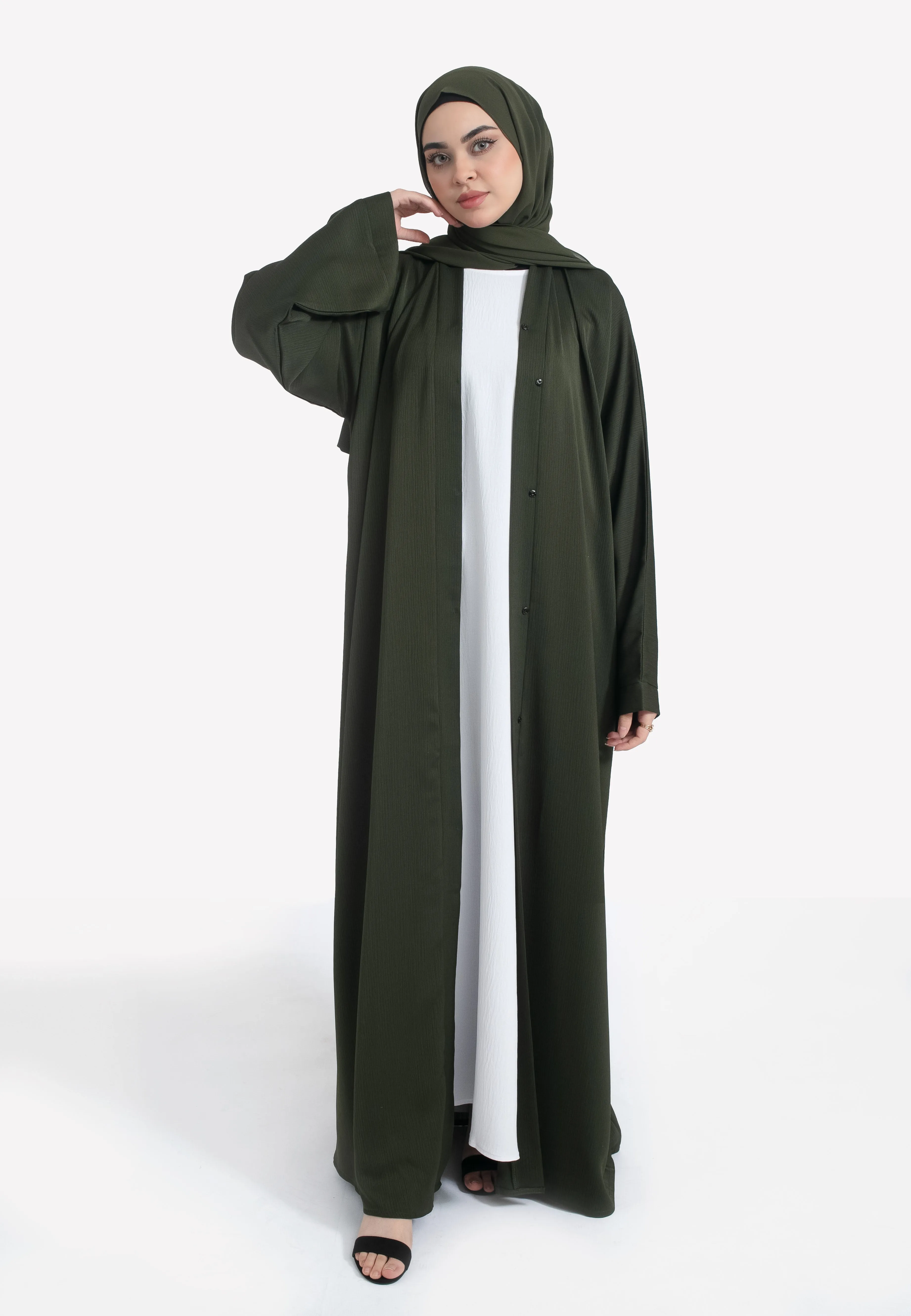 Plain Olive Green Textured Open Abaya