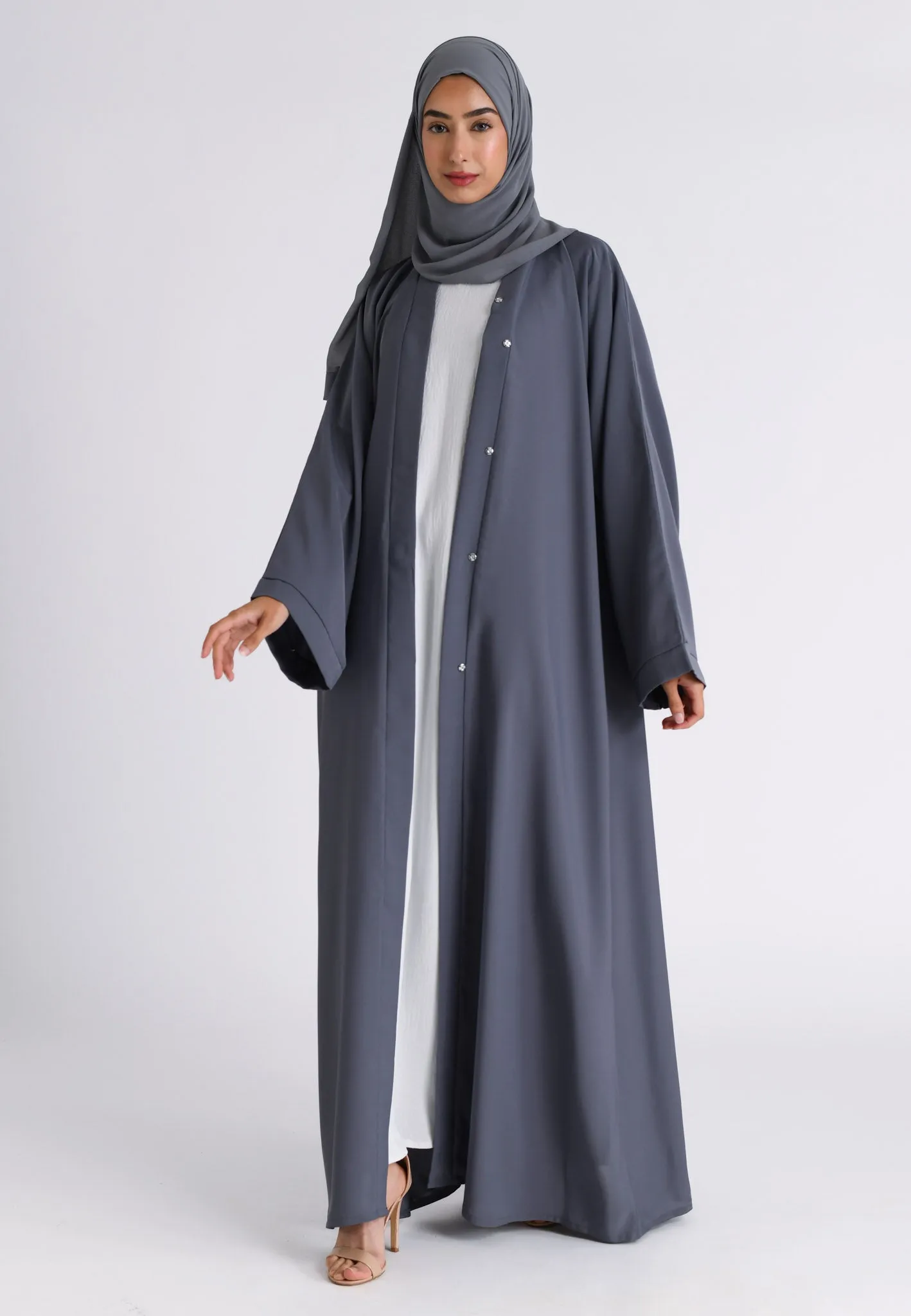 Plain Pearl Grey Open Abaya (Premium)
