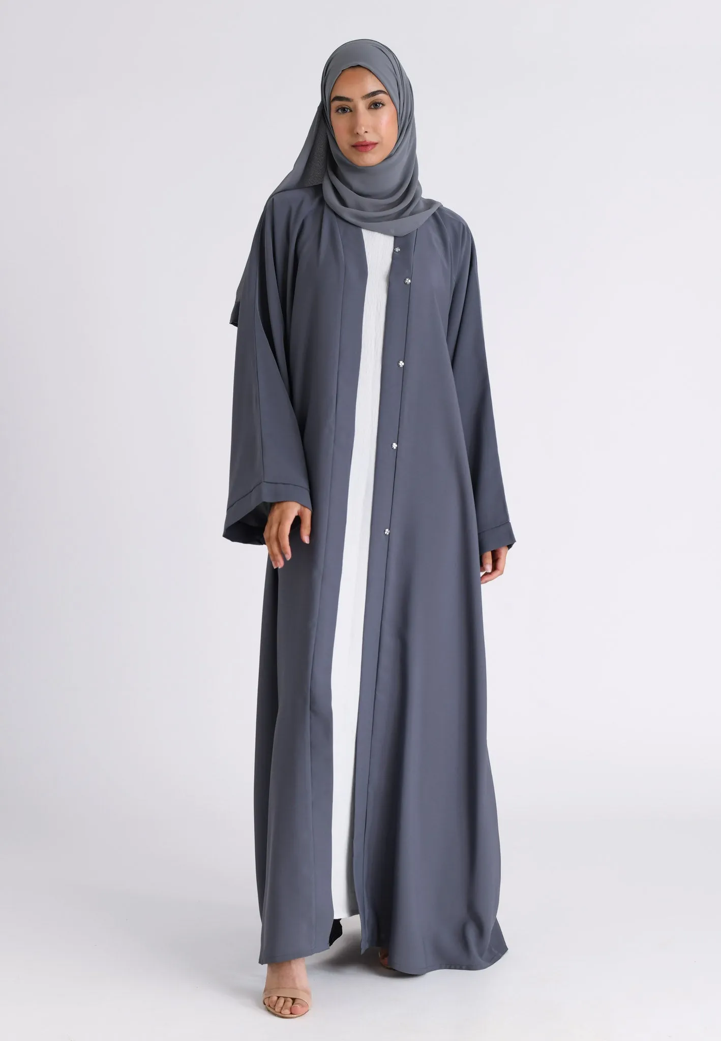 Plain Pearl Grey Open Abaya (Premium)