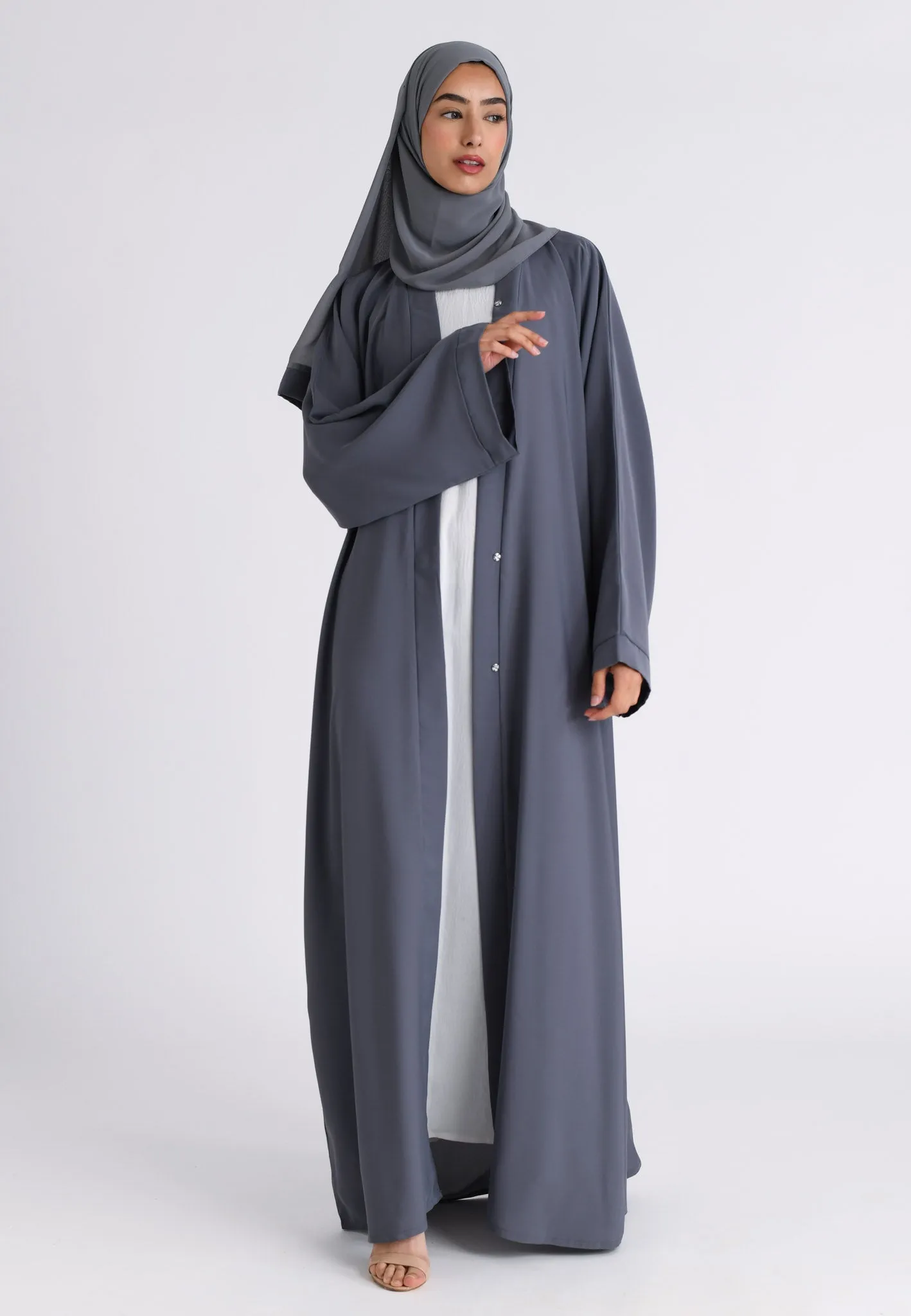 Plain Pearl Grey Open Abaya (Premium)