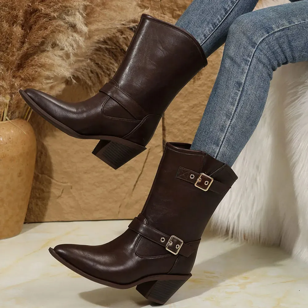Point Toe Block Heels Boots
