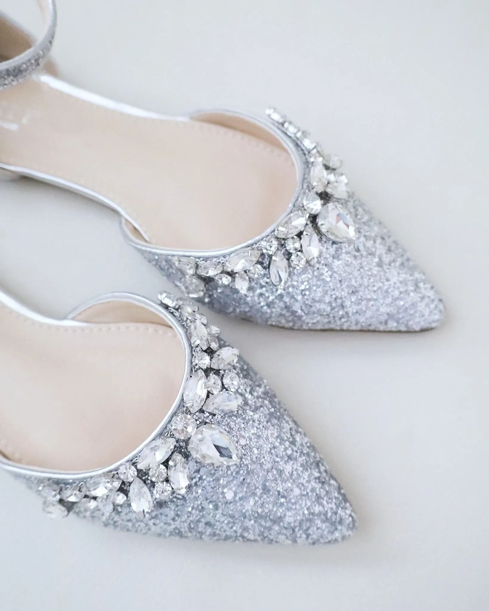 Pointy Toe Glitter Ankle Strap Flats with Teardrop Rhinestones