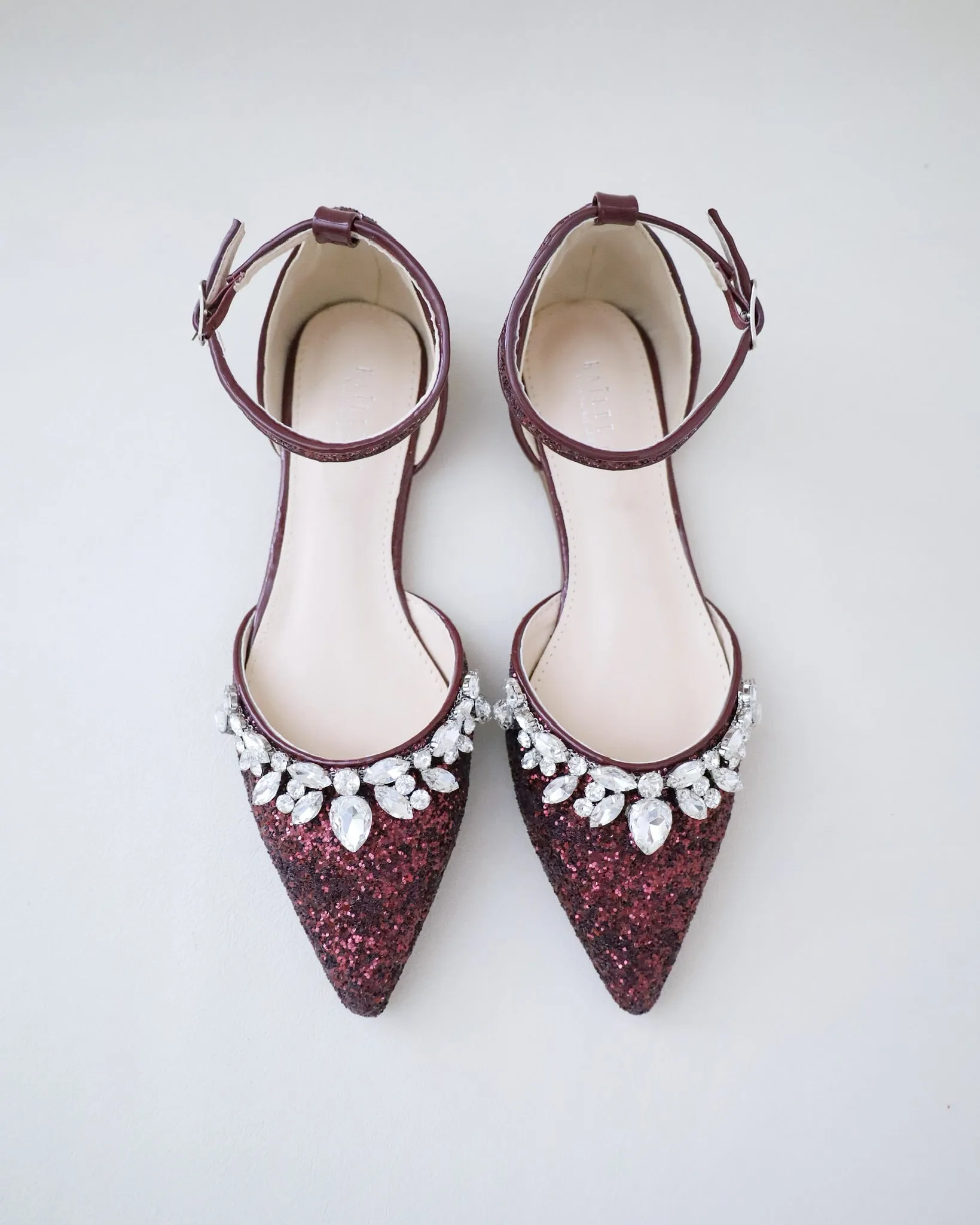 Pointy Toe Glitter Ankle Strap Flats with Teardrop Rhinestones