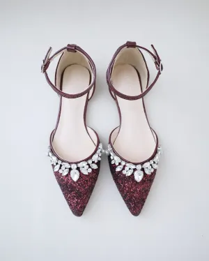 Pointy Toe Glitter Ankle Strap Flats with Teardrop Rhinestones