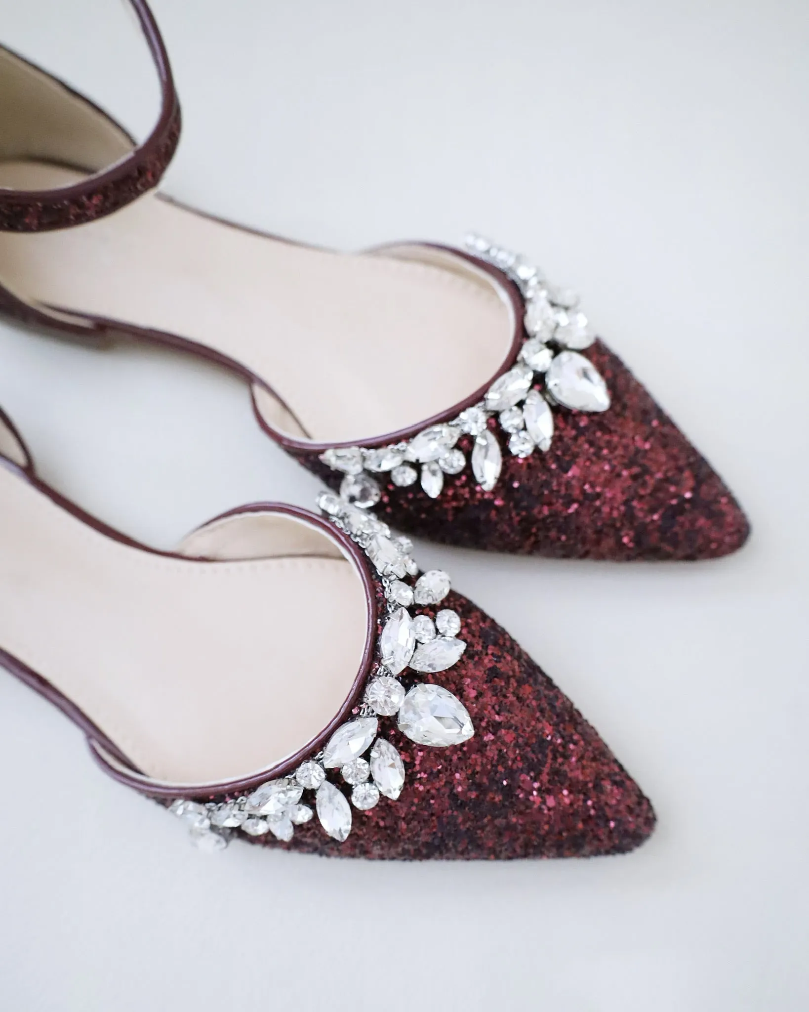 Pointy Toe Glitter Ankle Strap Flats with Teardrop Rhinestones