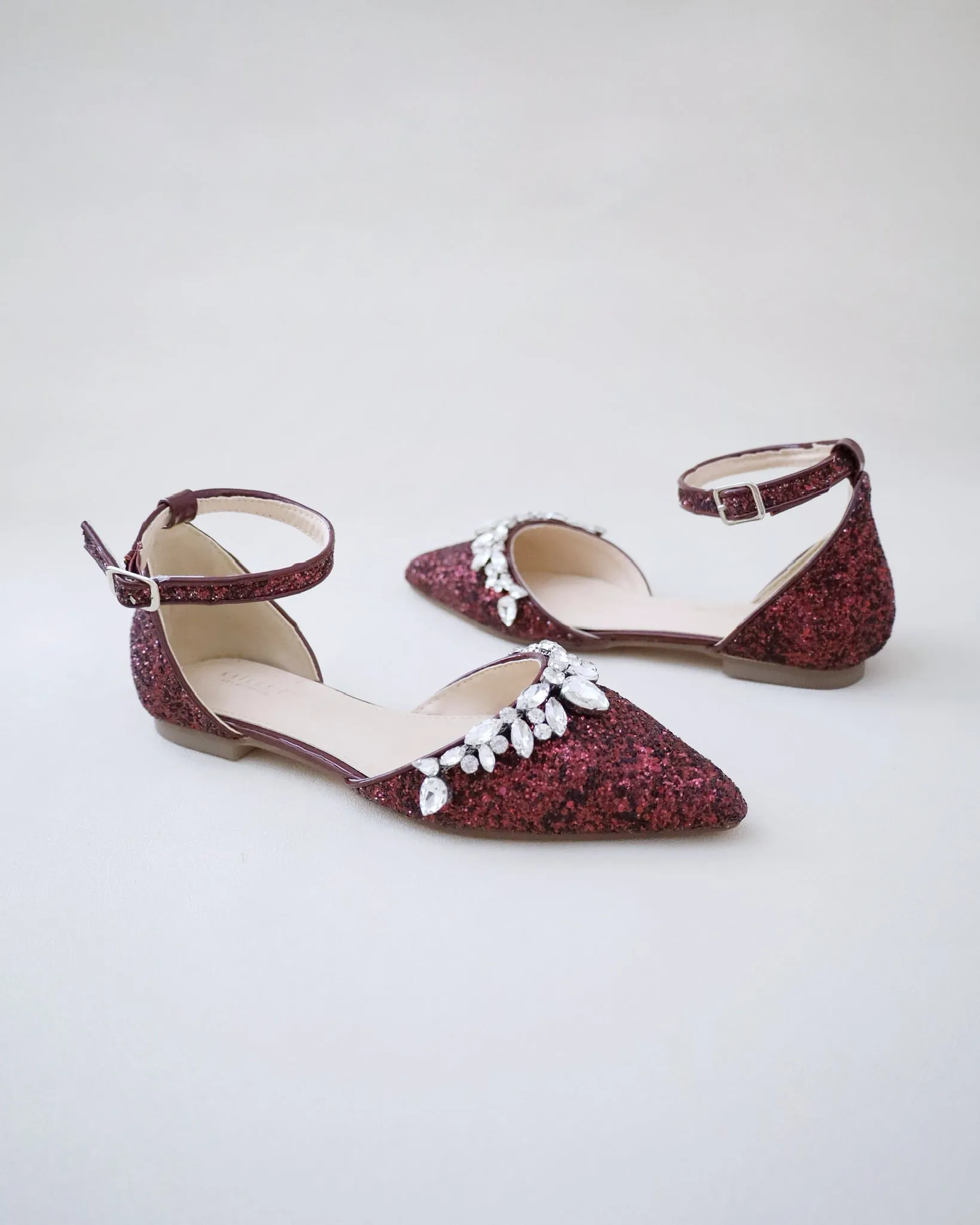 Pointy Toe Glitter Ankle Strap Flats with Teardrop Rhinestones