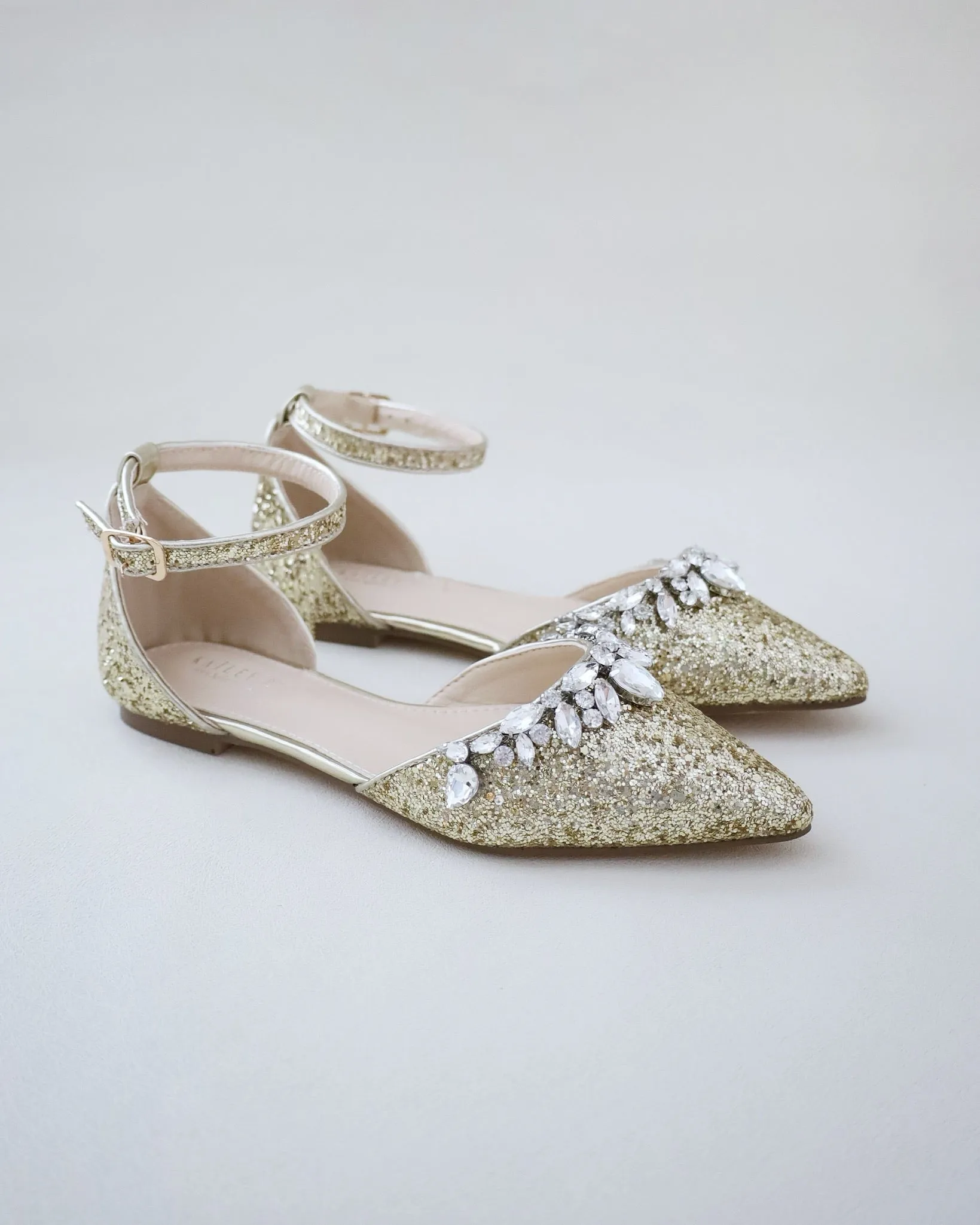 Pointy Toe Glitter Ankle Strap Flats with Teardrop Rhinestones