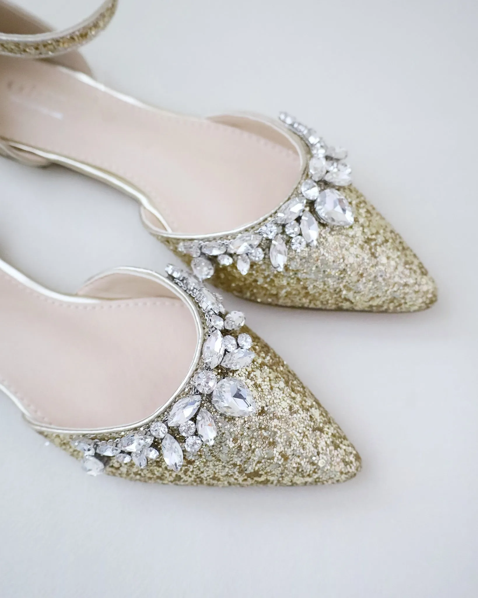 Pointy Toe Glitter Ankle Strap Flats with Teardrop Rhinestones