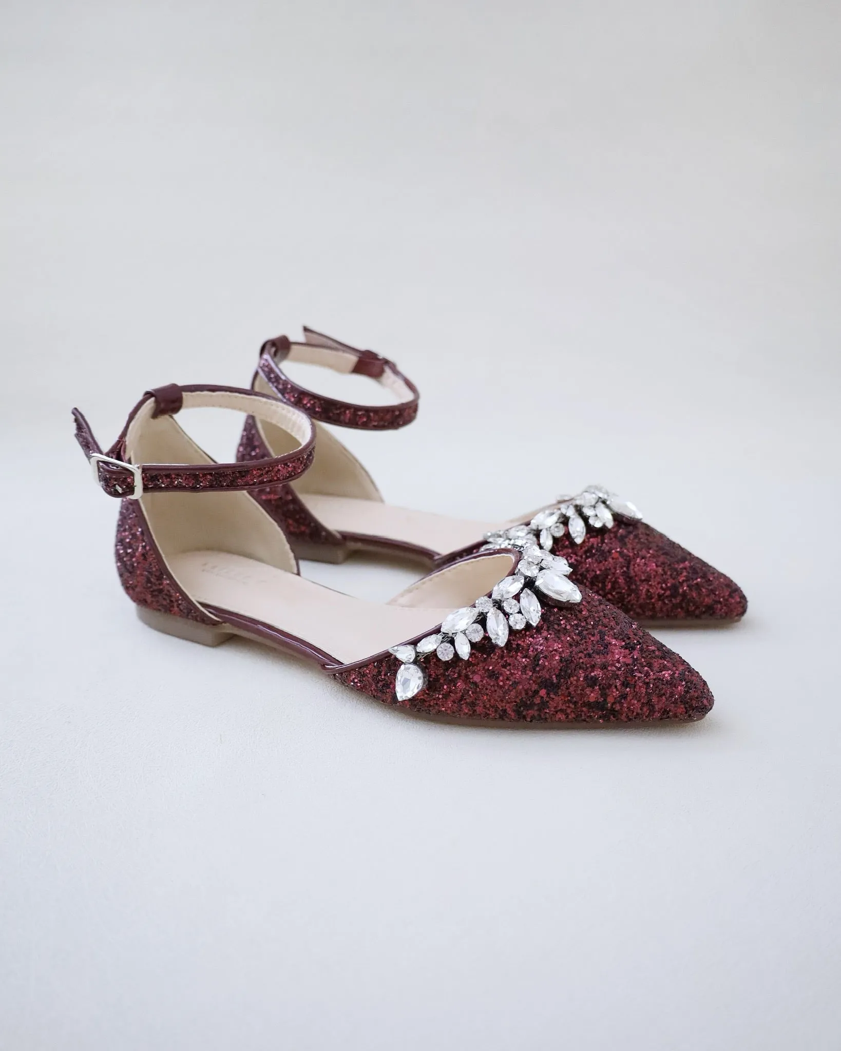 Pointy Toe Glitter Ankle Strap Flats with Teardrop Rhinestones