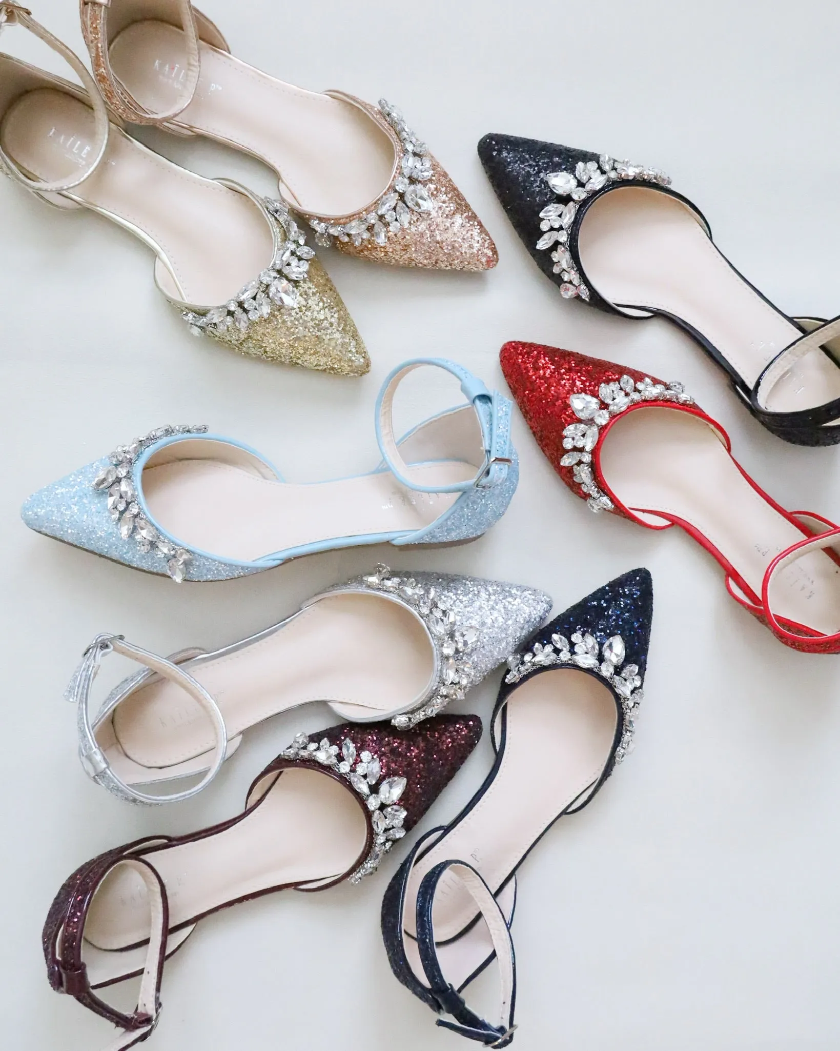 Pointy Toe Glitter Ankle Strap Flats with Teardrop Rhinestones