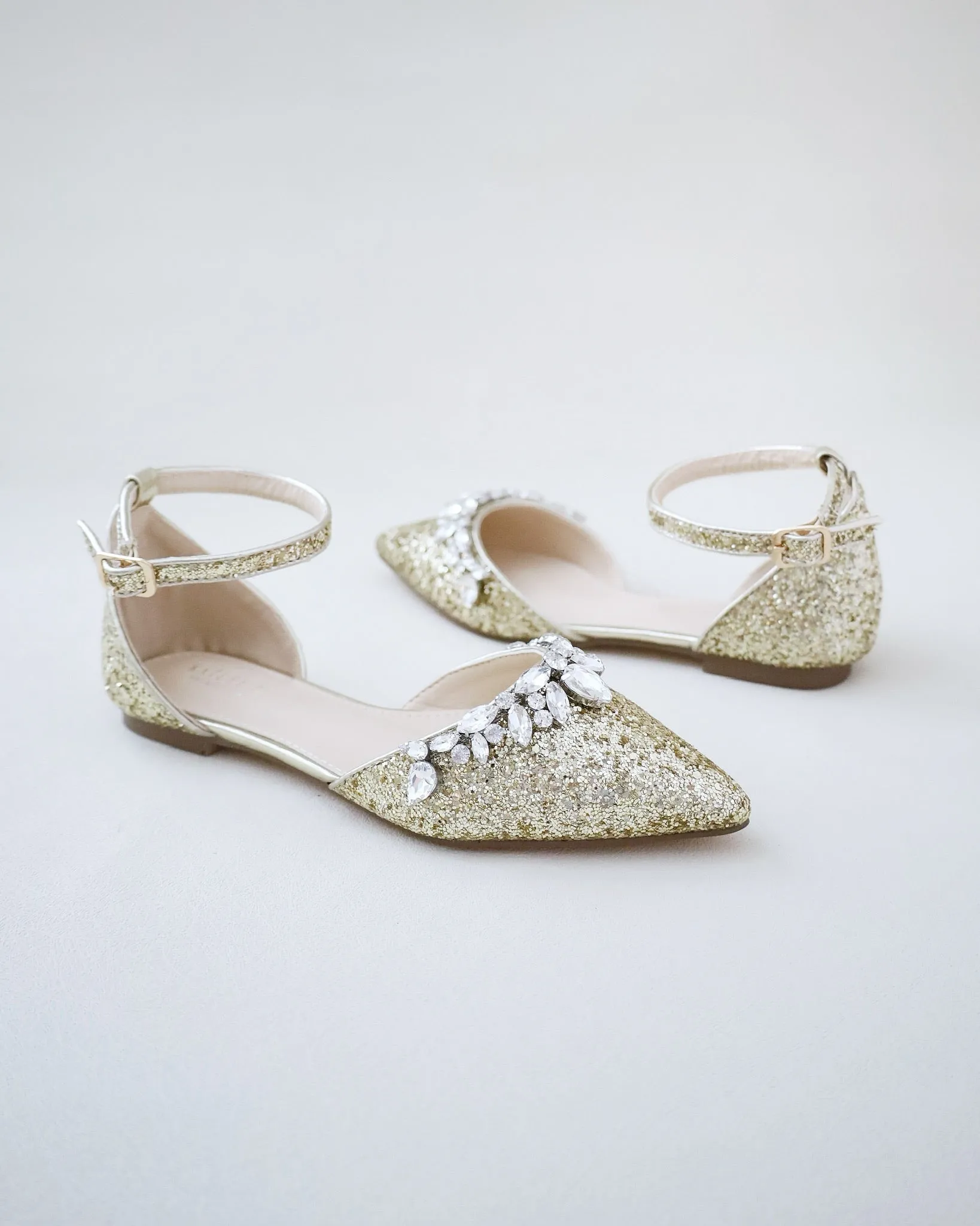 Pointy Toe Glitter Ankle Strap Flats with Teardrop Rhinestones