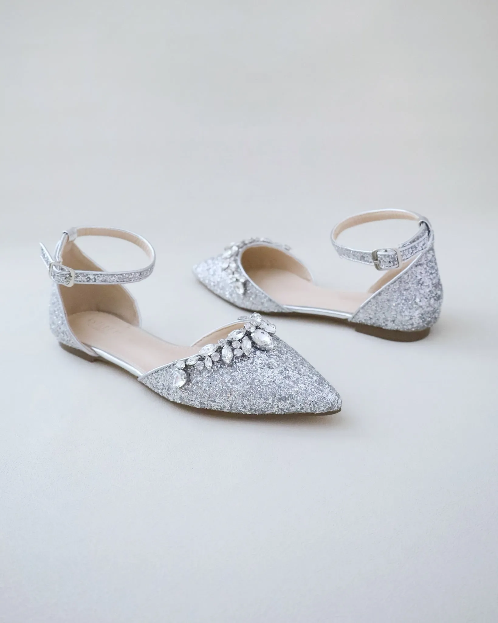 Pointy Toe Glitter Ankle Strap Flats with Teardrop Rhinestones