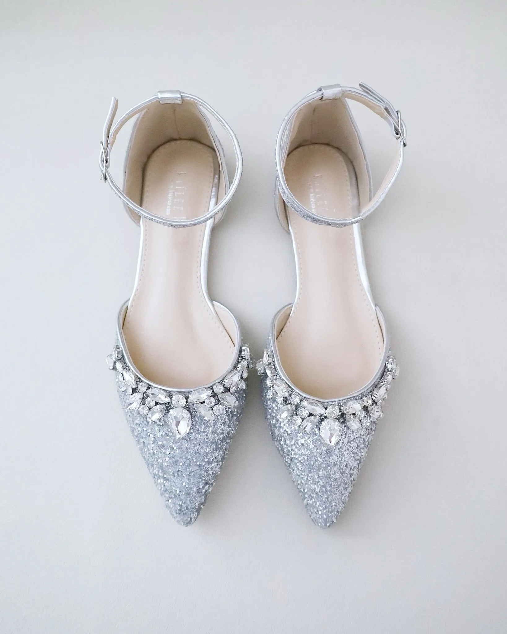 Pointy Toe Glitter Ankle Strap Flats with Teardrop Rhinestones