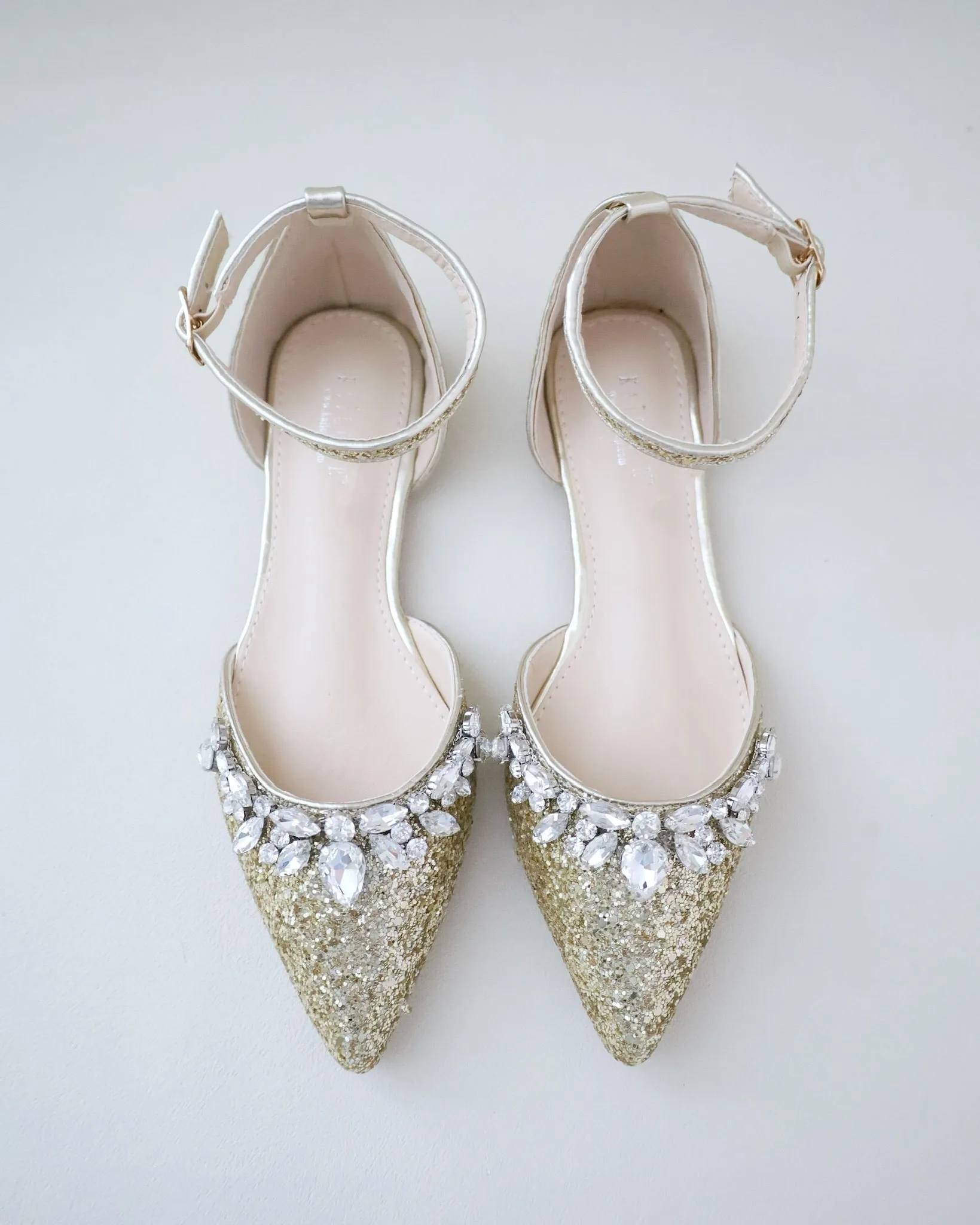 Pointy Toe Glitter Ankle Strap Flats with Teardrop Rhinestones