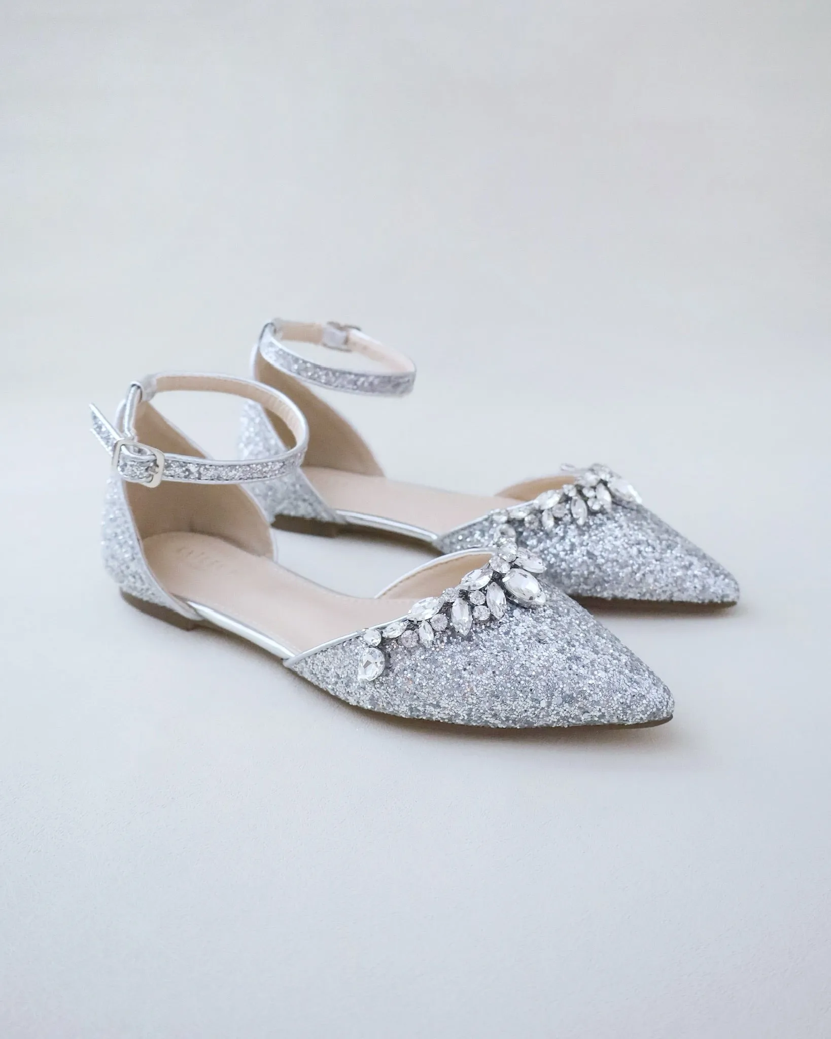 Pointy Toe Glitter Ankle Strap Flats with Teardrop Rhinestones