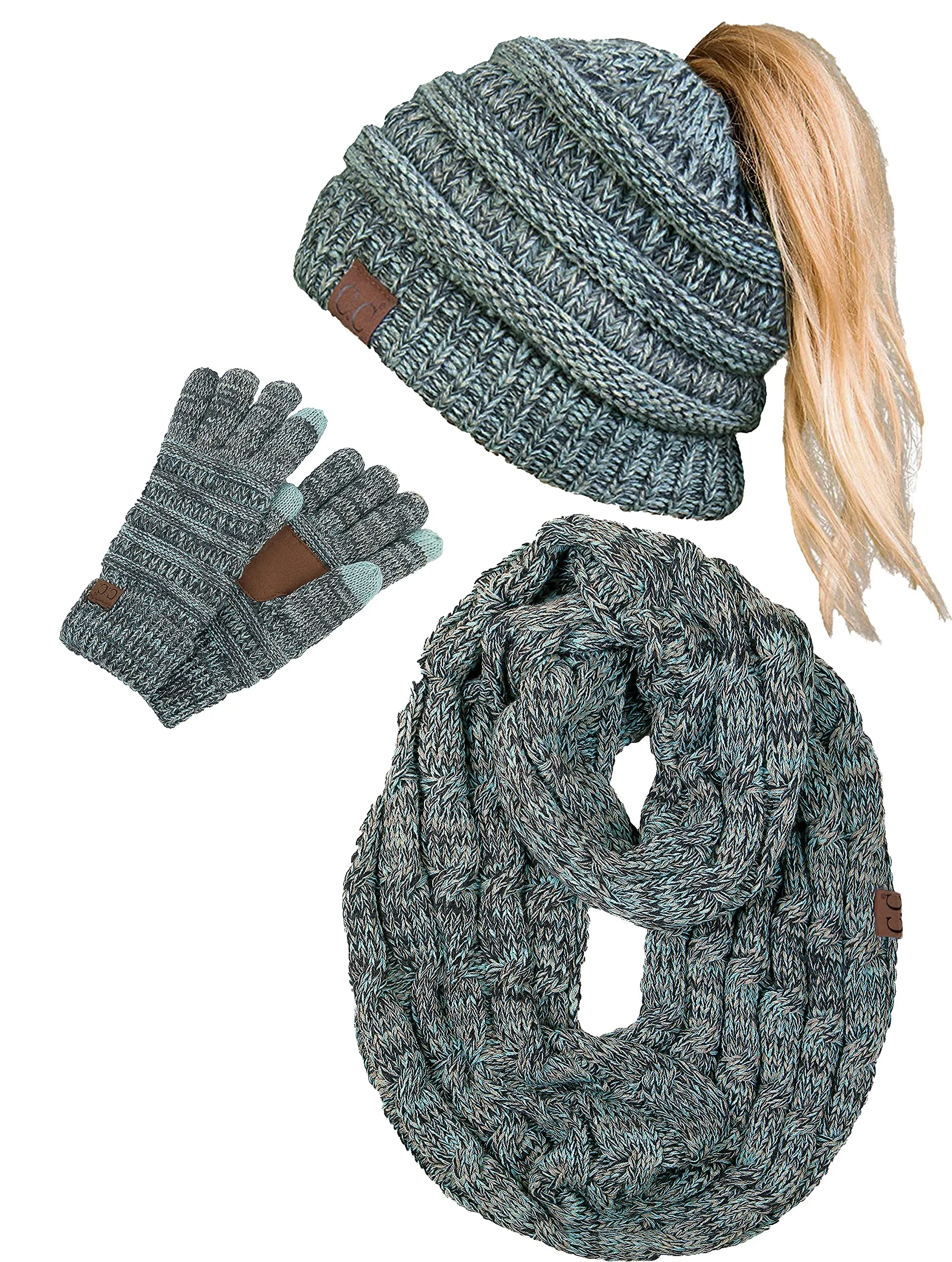 Ponytail Beanie, Infinity Scarf & Gloves Matching Set by Funky Junque