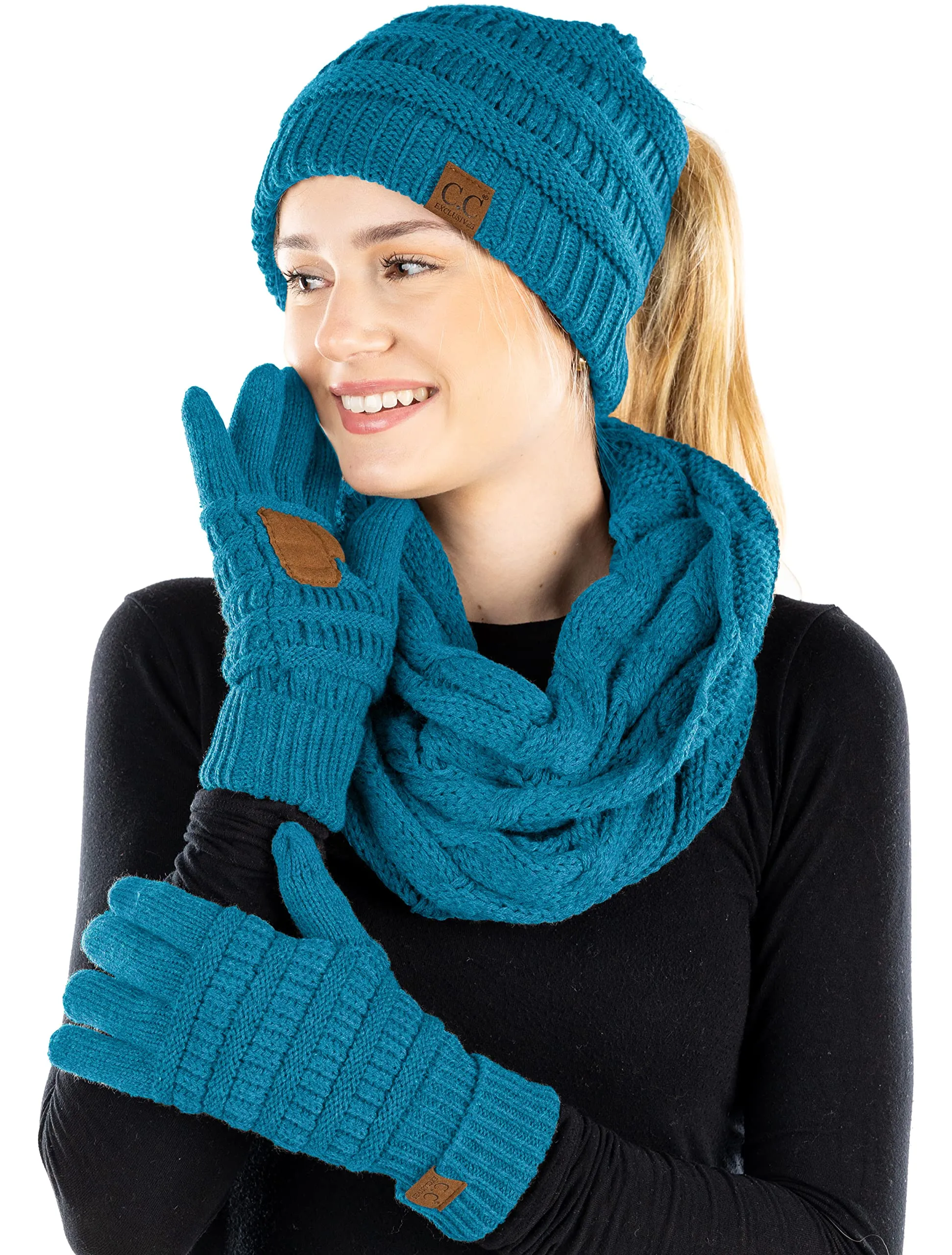 Ponytail Beanie, Infinity Scarf & Gloves Matching Set by Funky Junque