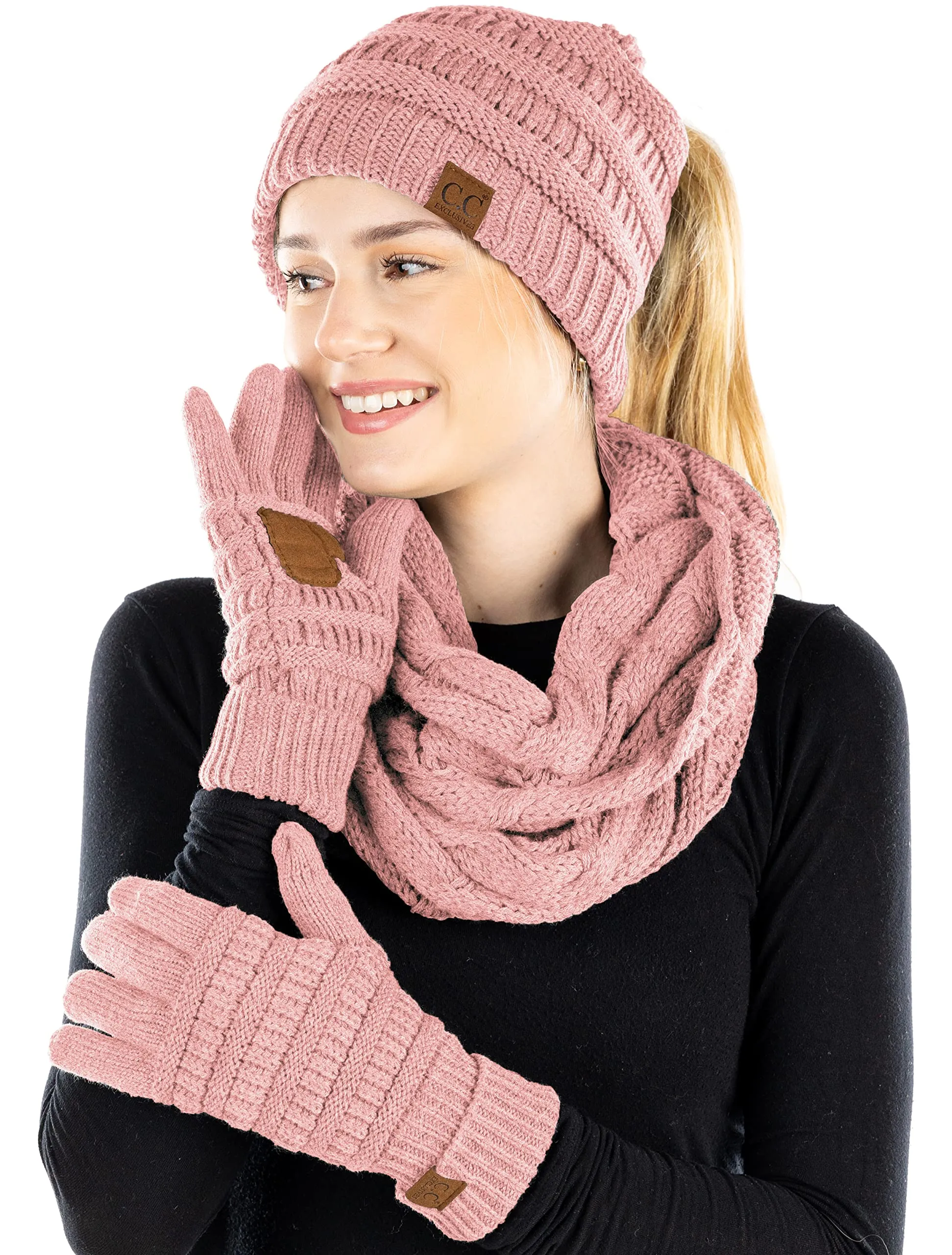 Ponytail Beanie, Infinity Scarf & Gloves Matching Set by Funky Junque