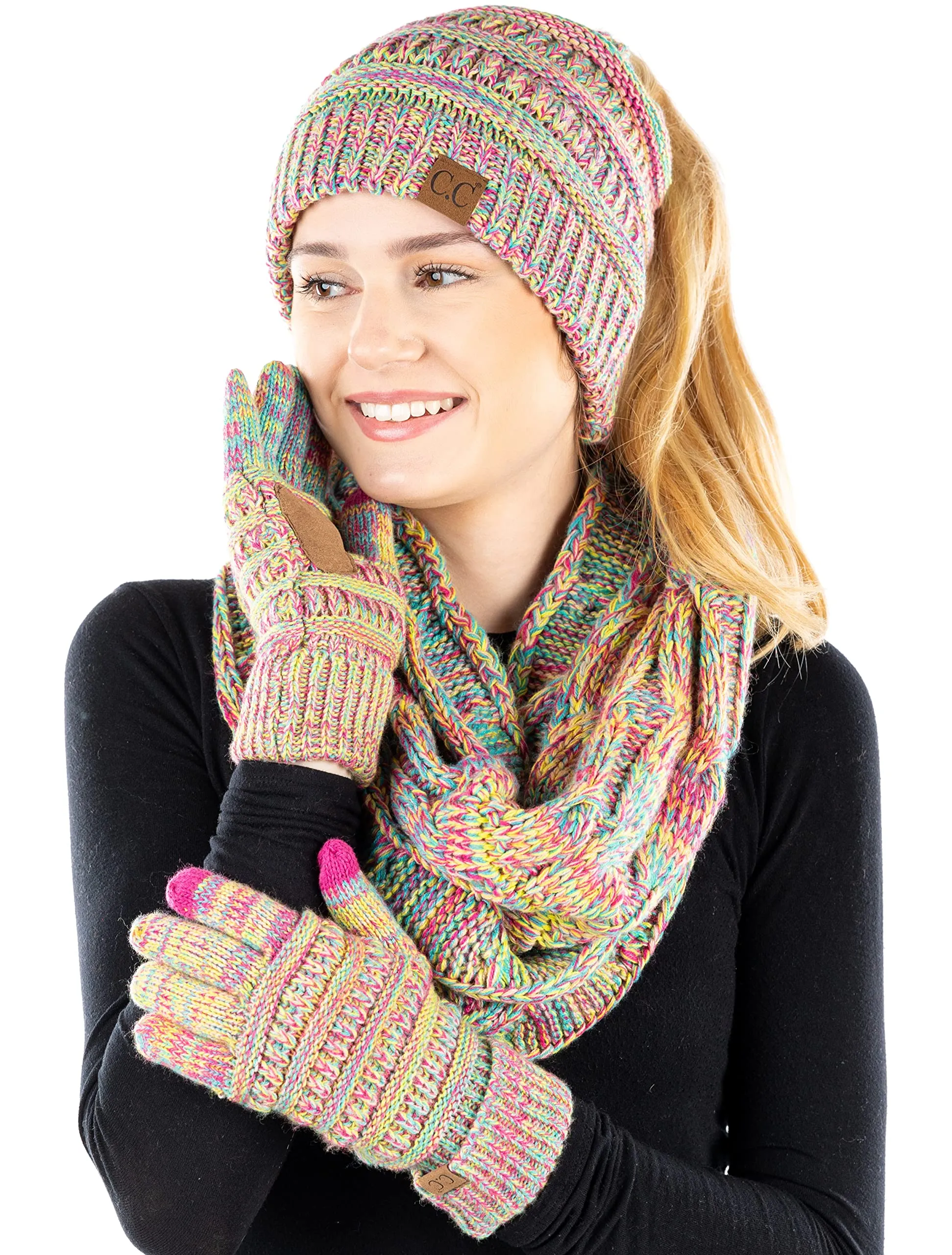 Ponytail Beanie, Infinity Scarf & Gloves Matching Set by Funky Junque