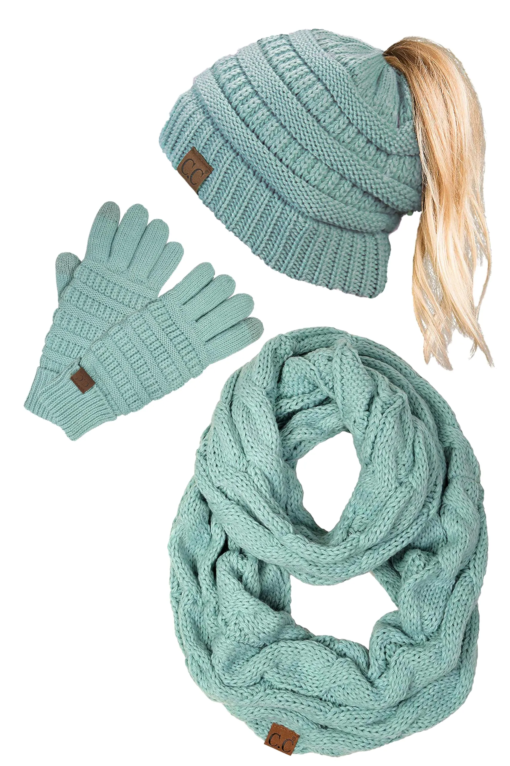 Ponytail Beanie, Infinity Scarf & Gloves Matching Set by Funky Junque
