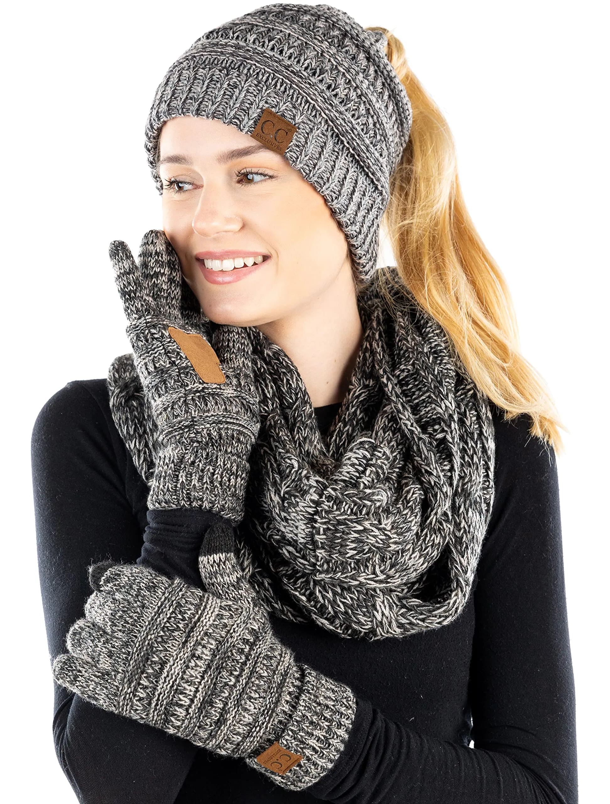 Ponytail Beanie, Infinity Scarf & Gloves Matching Set by Funky Junque